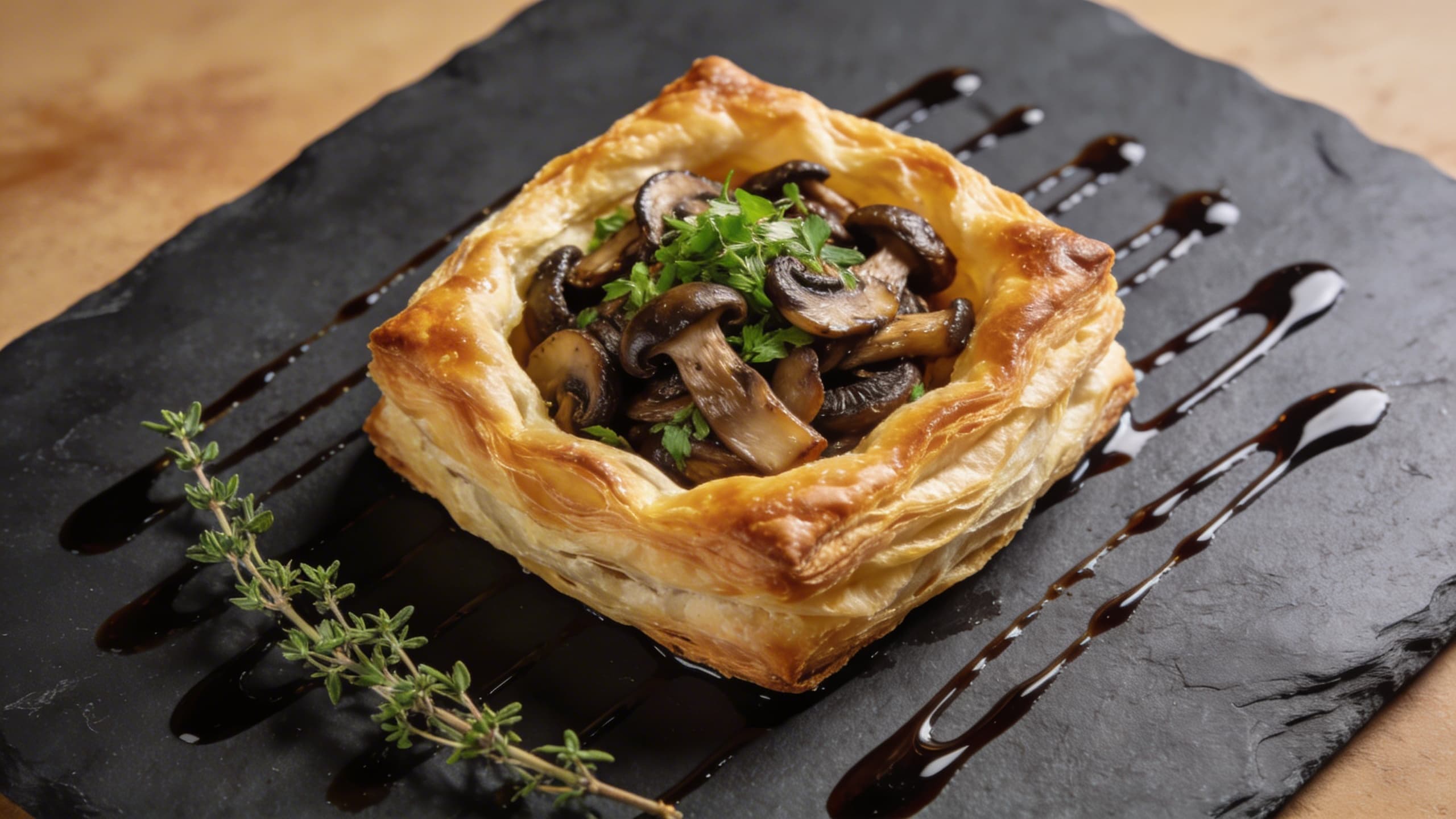 A golden-brown, flaky puff pastry tart filled with smoked mushrooms and fresh herbs, served on a dark slate plate with a drizzle of balsamic reduction.