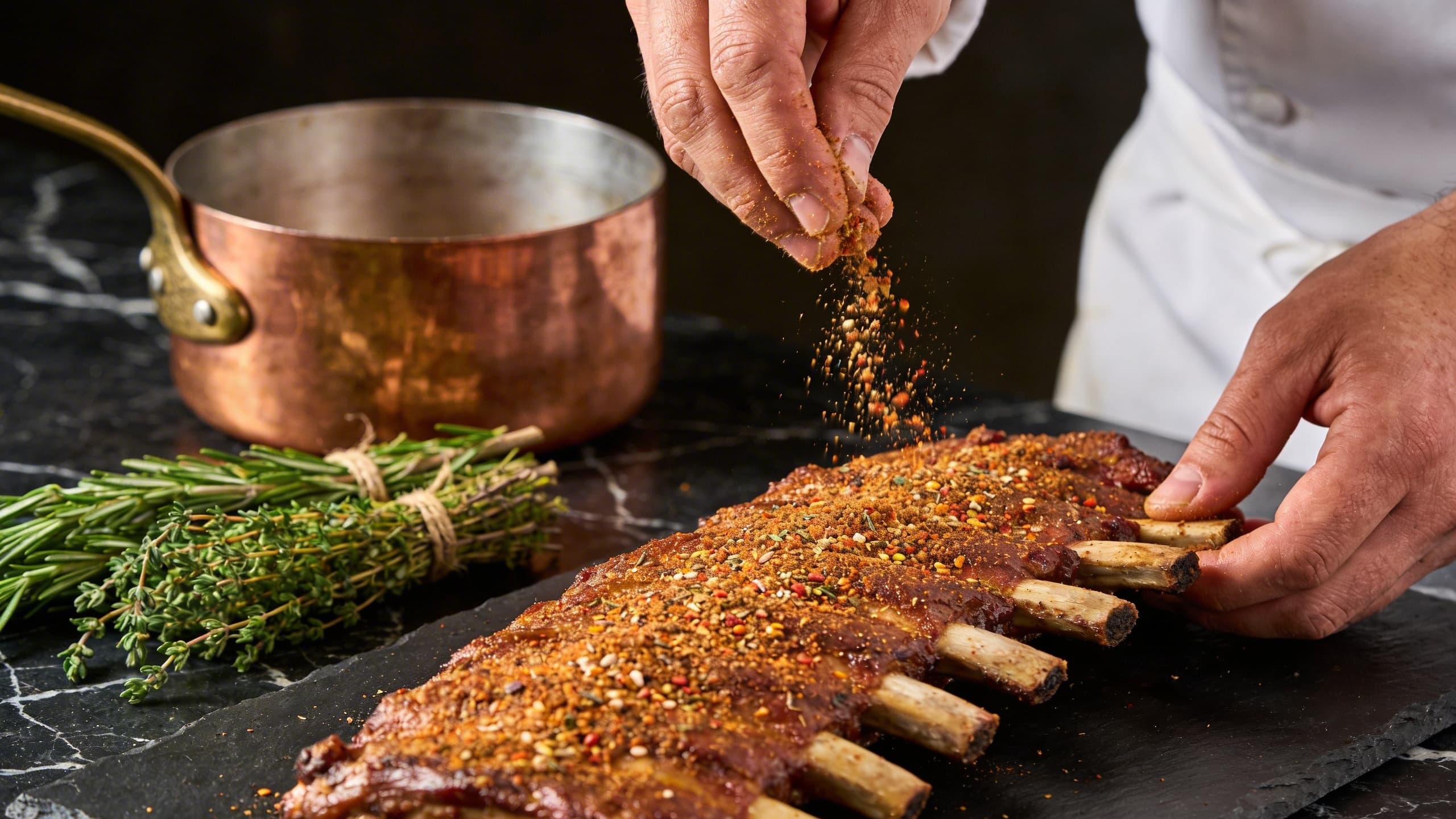 A lifestyle shot of a chef's hands carefully applying a dry rub to a rack of ribs, with a copper saucier and fresh herbs visible in the background.