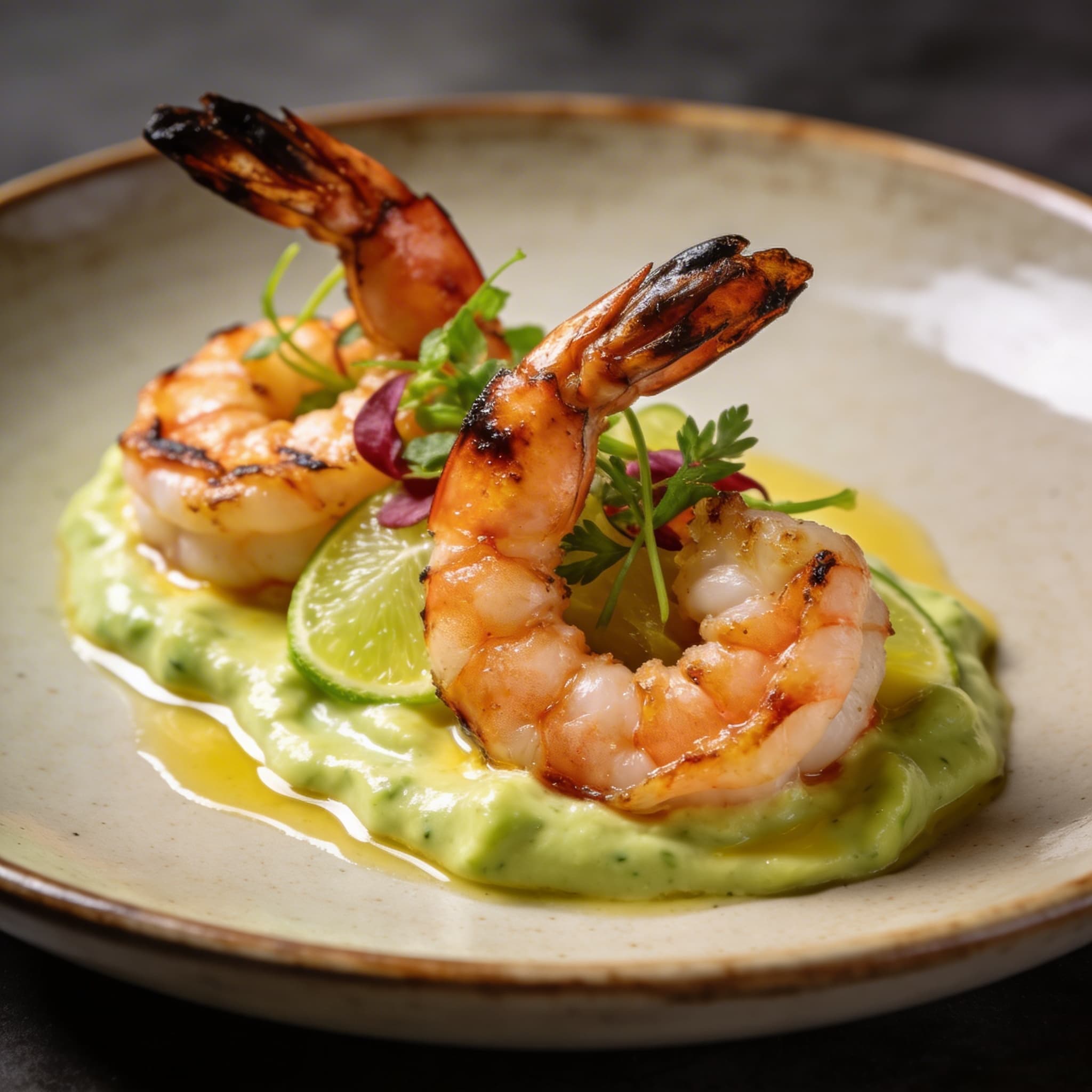 Oak-Smoked Shrimp with Silken Avocado Emulsion