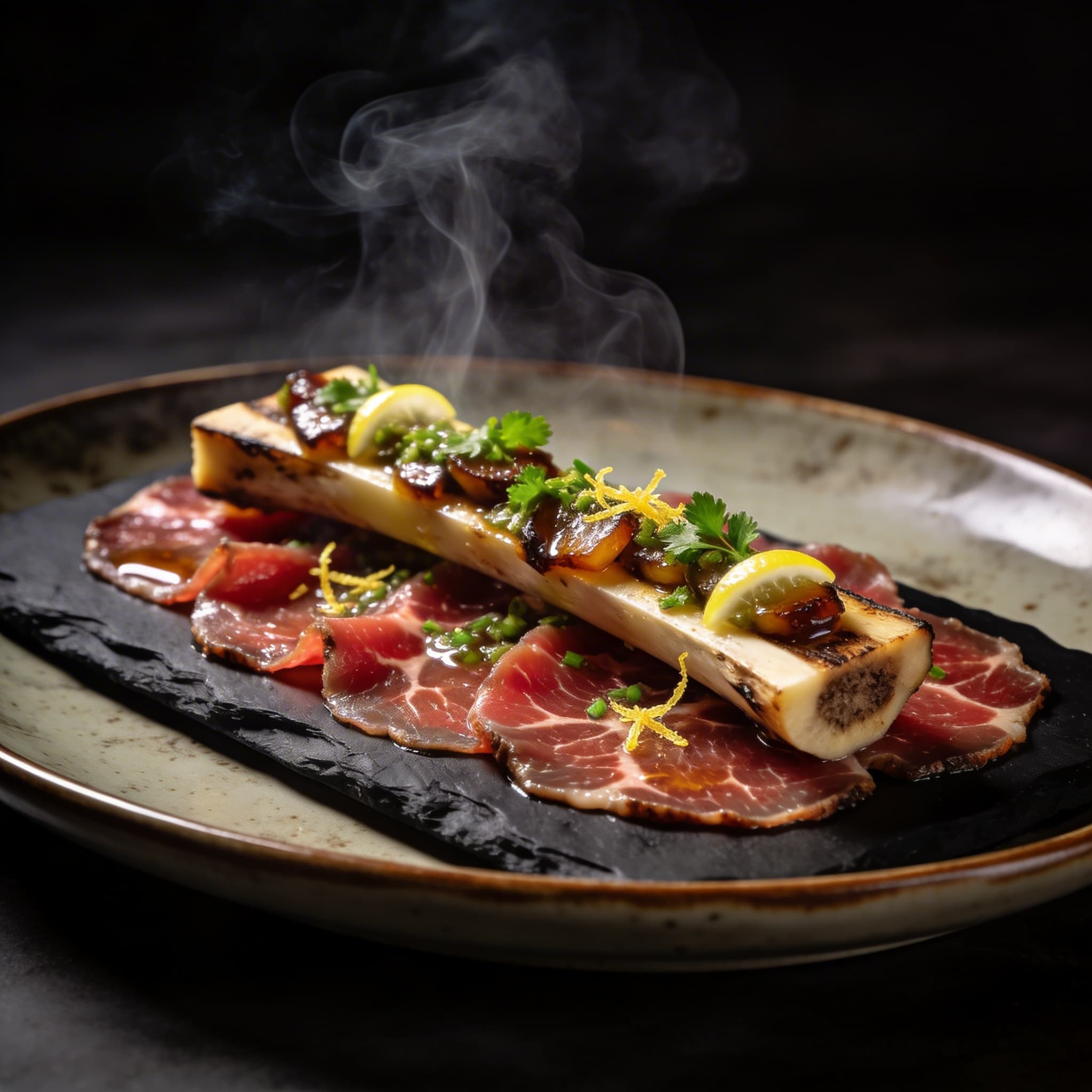 Cold-Smoked Wagyu Carpaccio with Roasted Marrow Gremolata