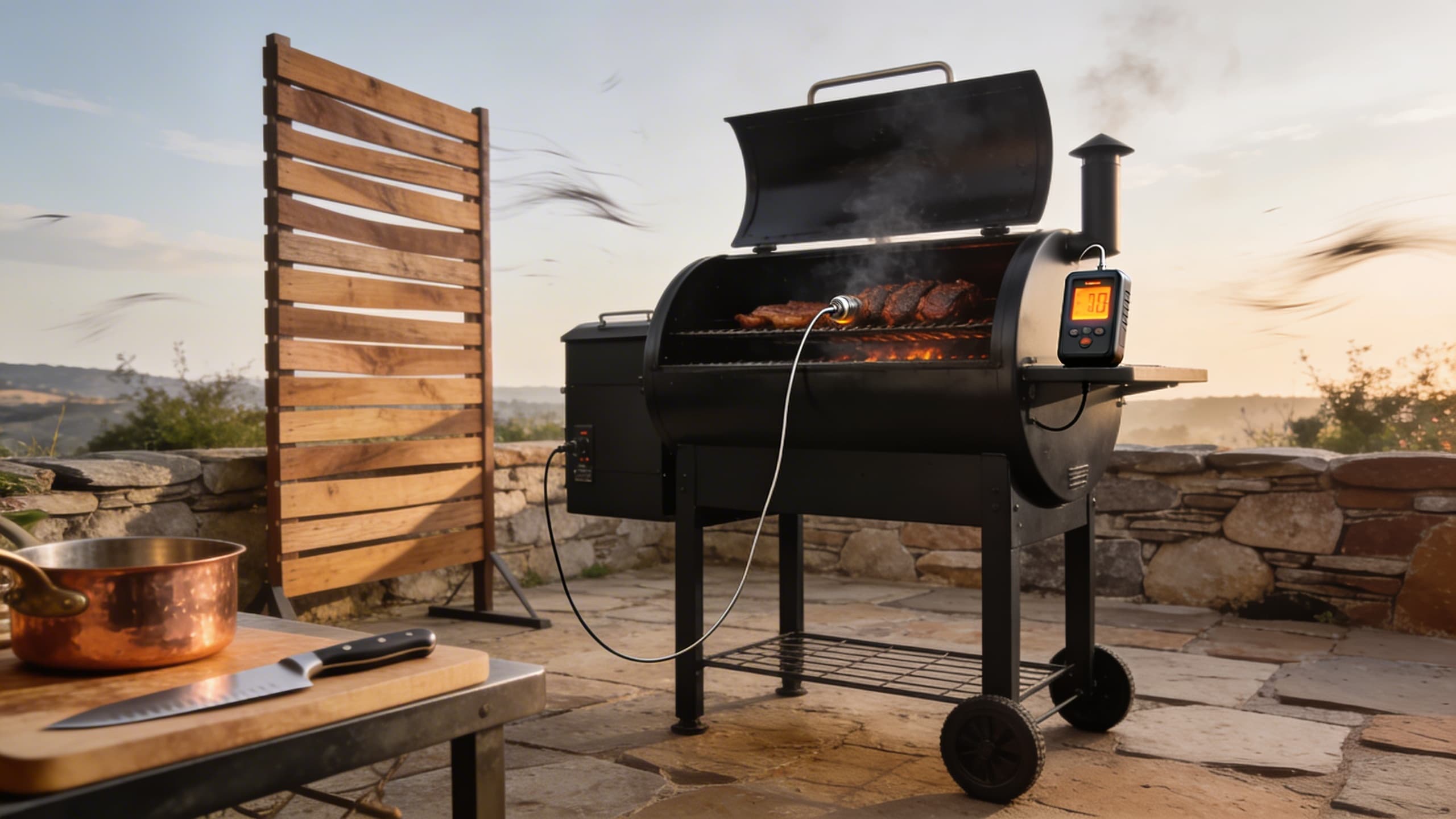 Image 2: An offset smoker positioned strategically behind a windbreak on a rustic patio, with a digital thermometer displaying a steady 225 degrees.