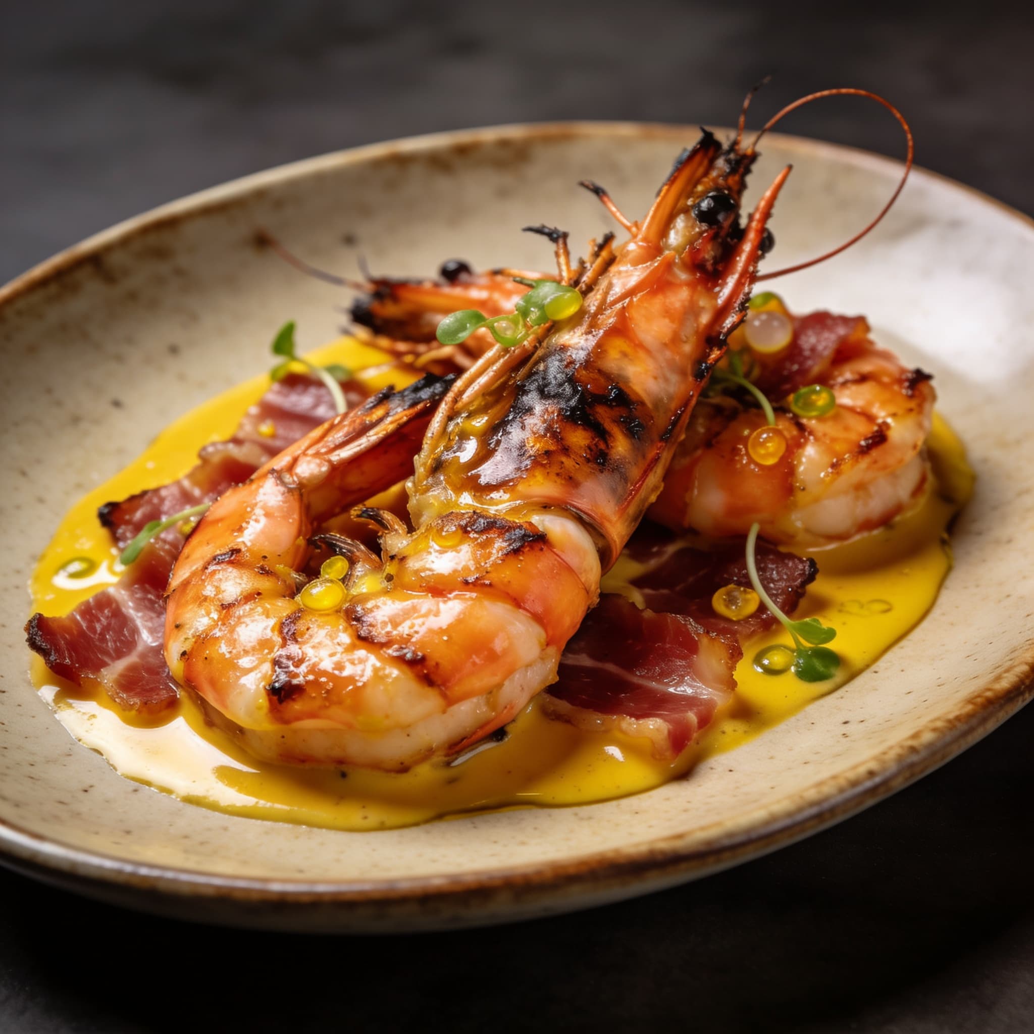 Cold-Smoked Prawns with Guanciale-Saffron Emulsion