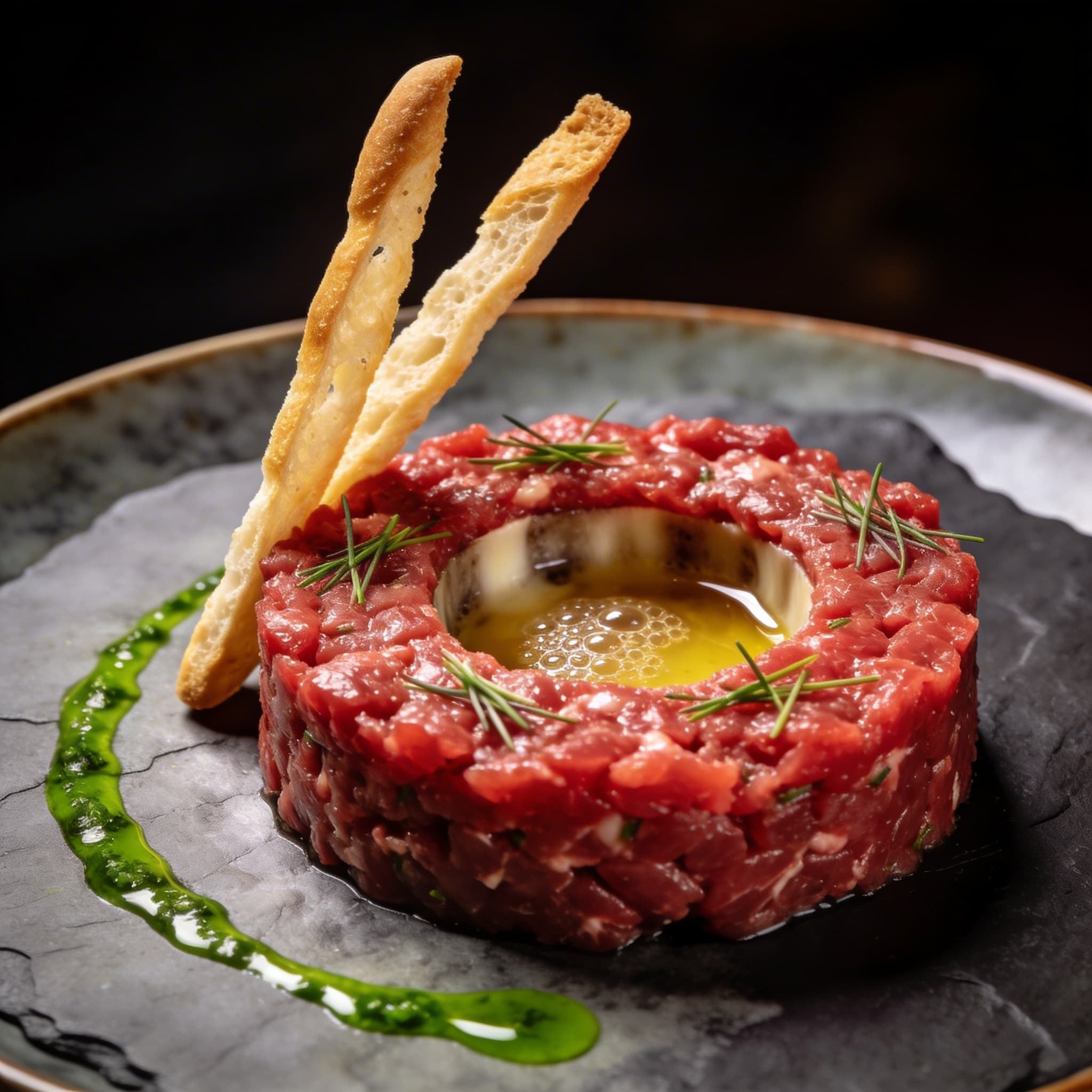Smoked Beef Tartare with Molten Bone Marrow Center