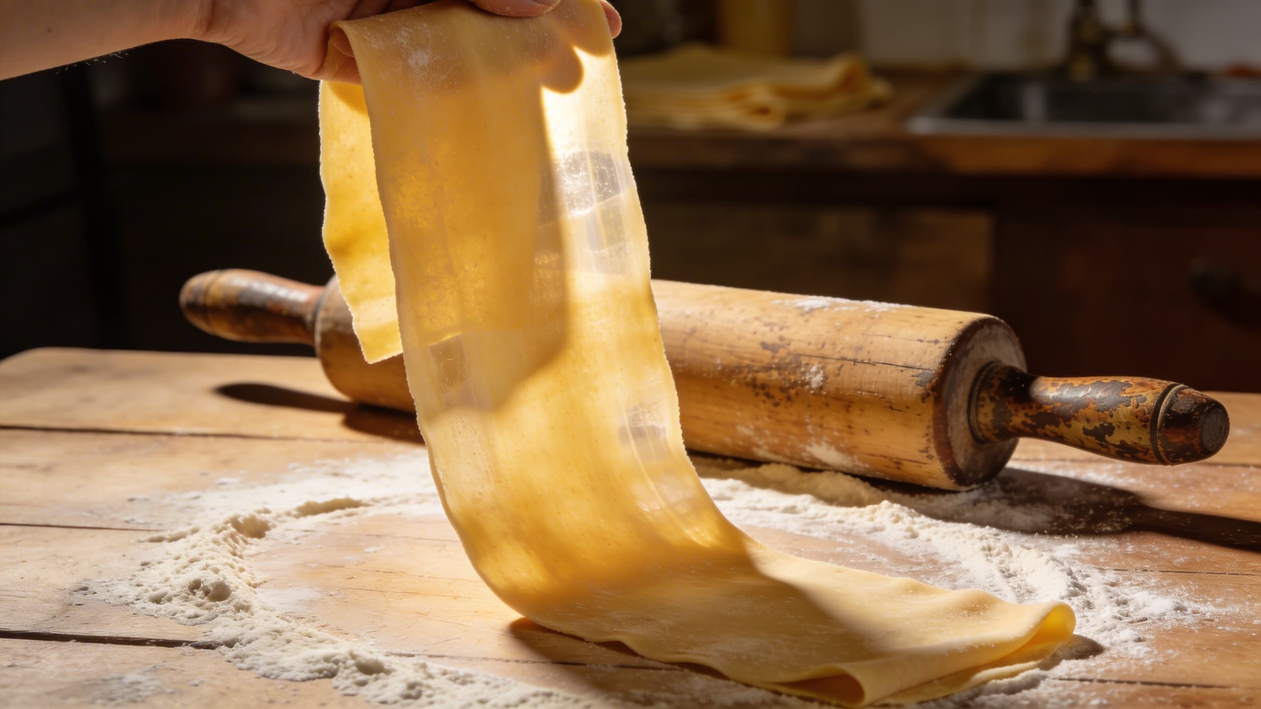 Thin, translucent pasta sheets resting on a wooden board