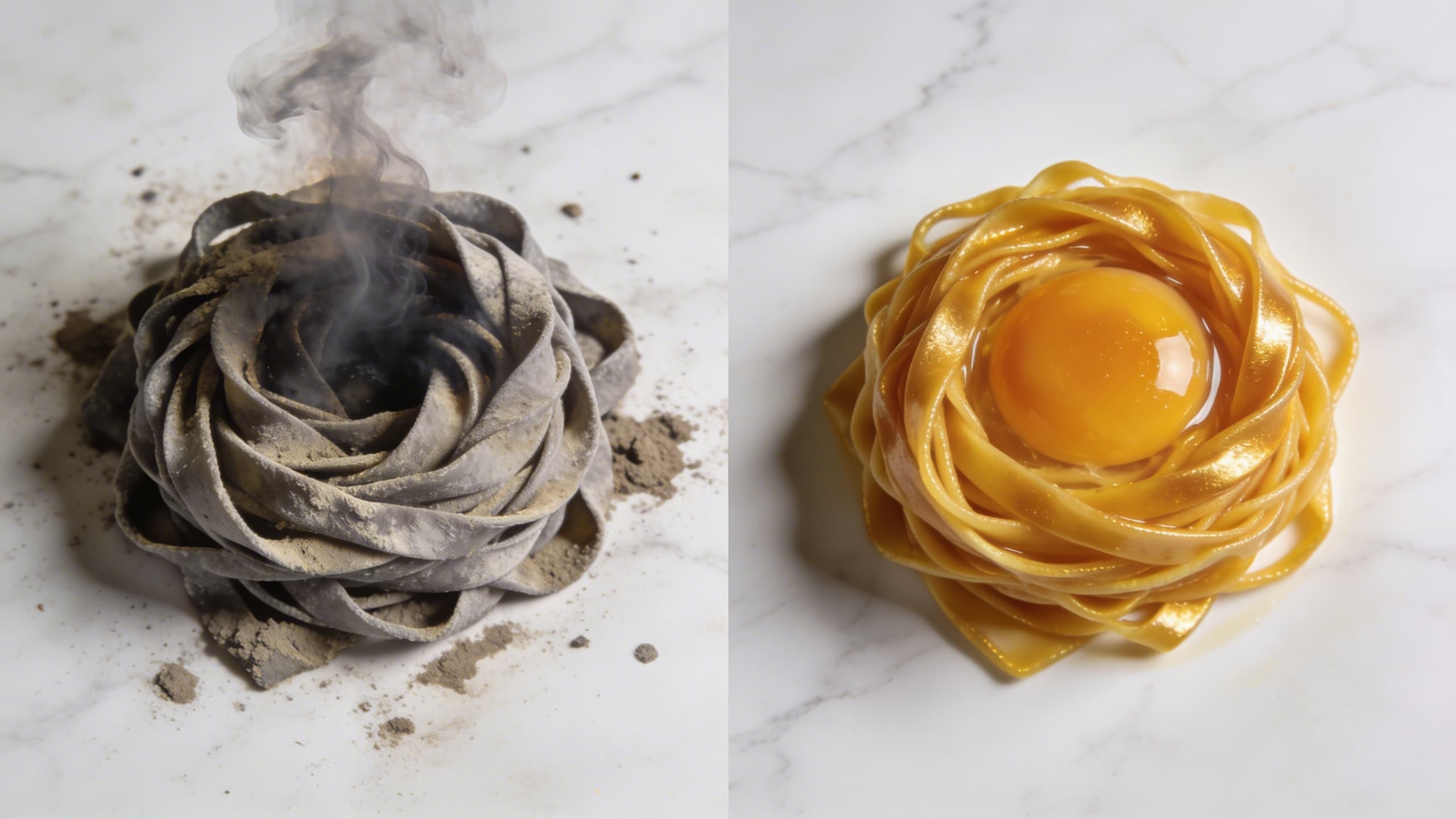 A side-by-side comparison: on the left, a muddy, over-smoked pasta dough looking grey and unappetizing; on the right, a vibrant, golden-yellow smoked egg yolk pasta with a clean, professional finish.
