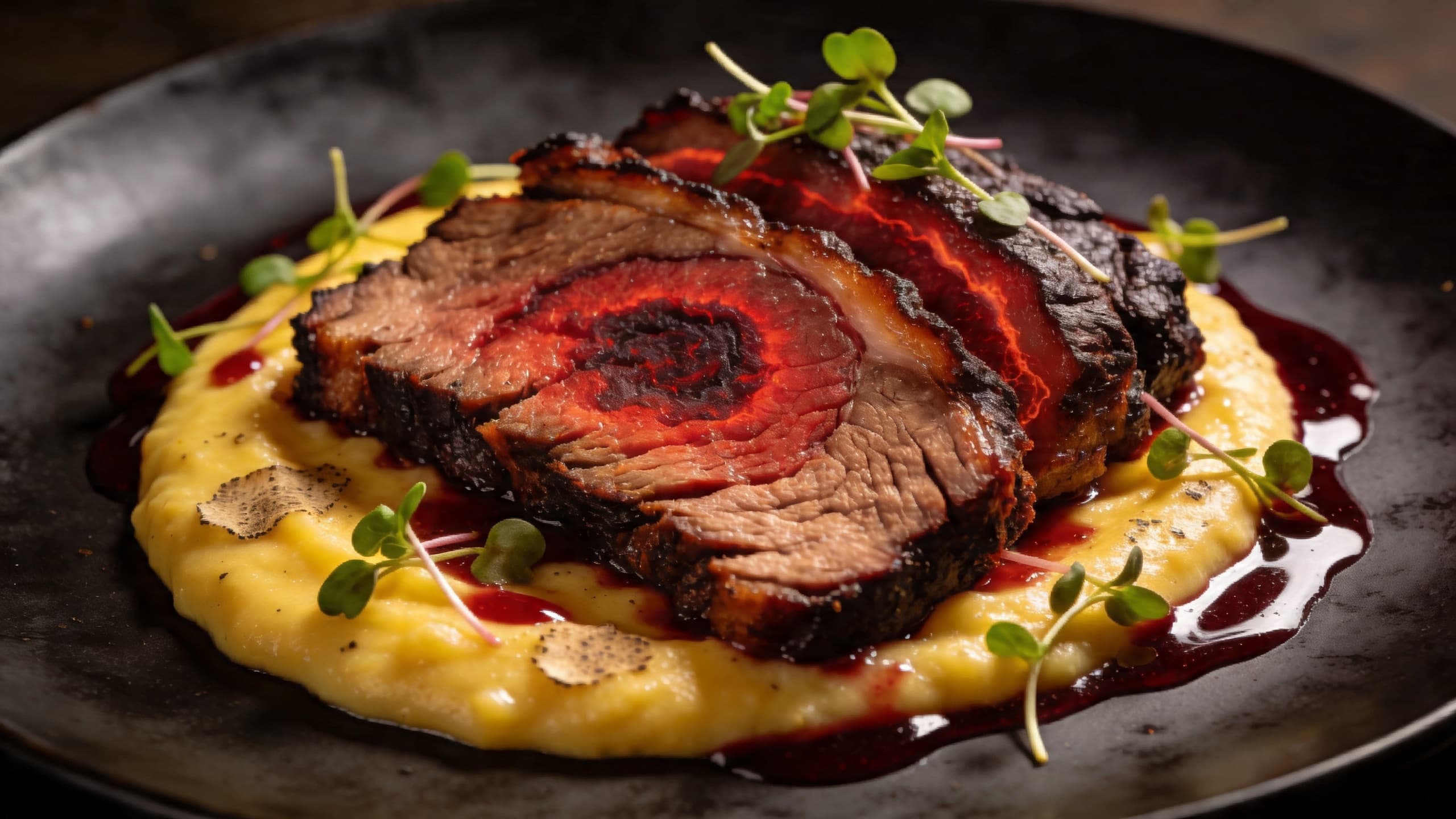 Close-up of a smoked brisket slice showing a deep red smoke ring, resting on a bed of truffle-infused polenta.