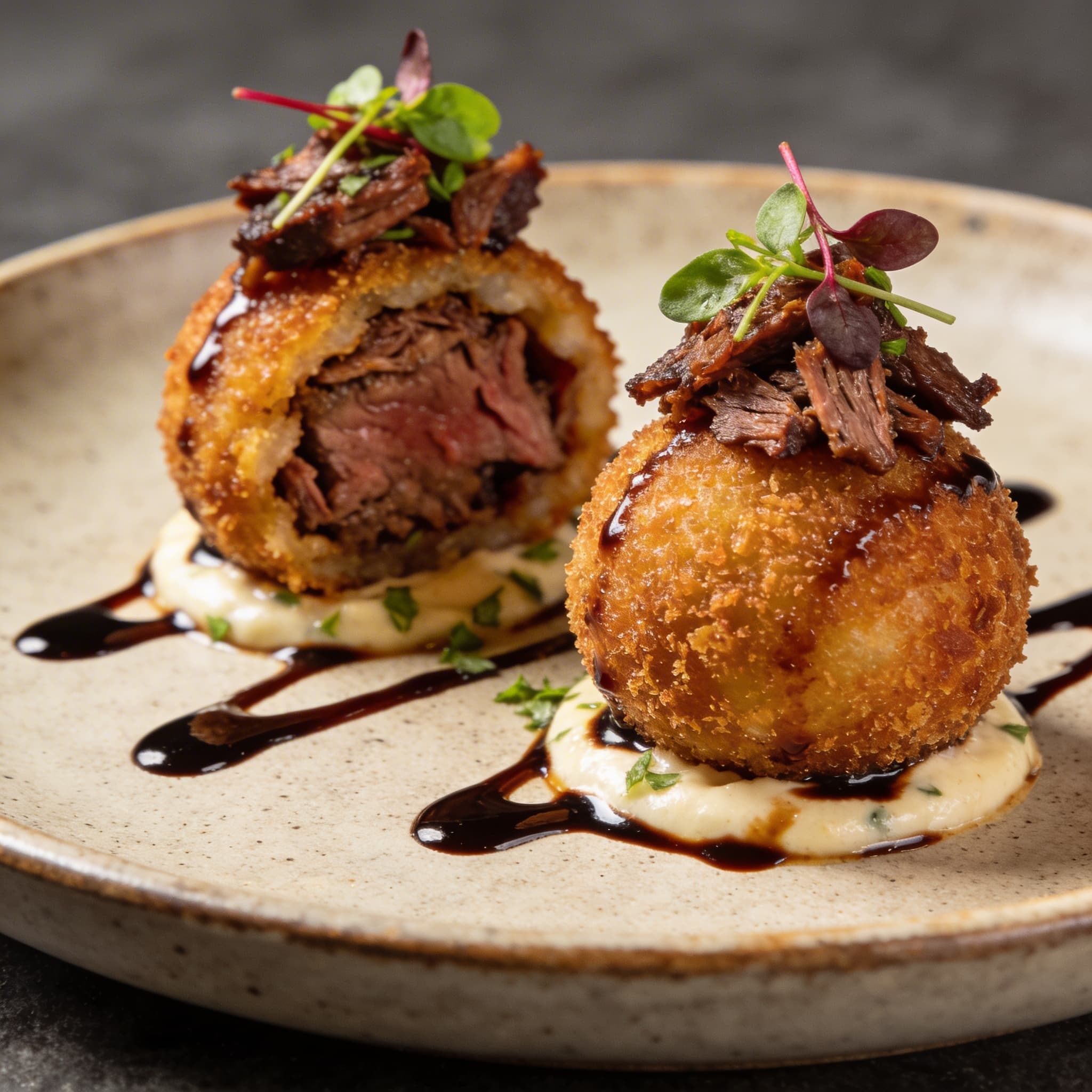 Smoked Brisket Arancini with Balsamic Glaze