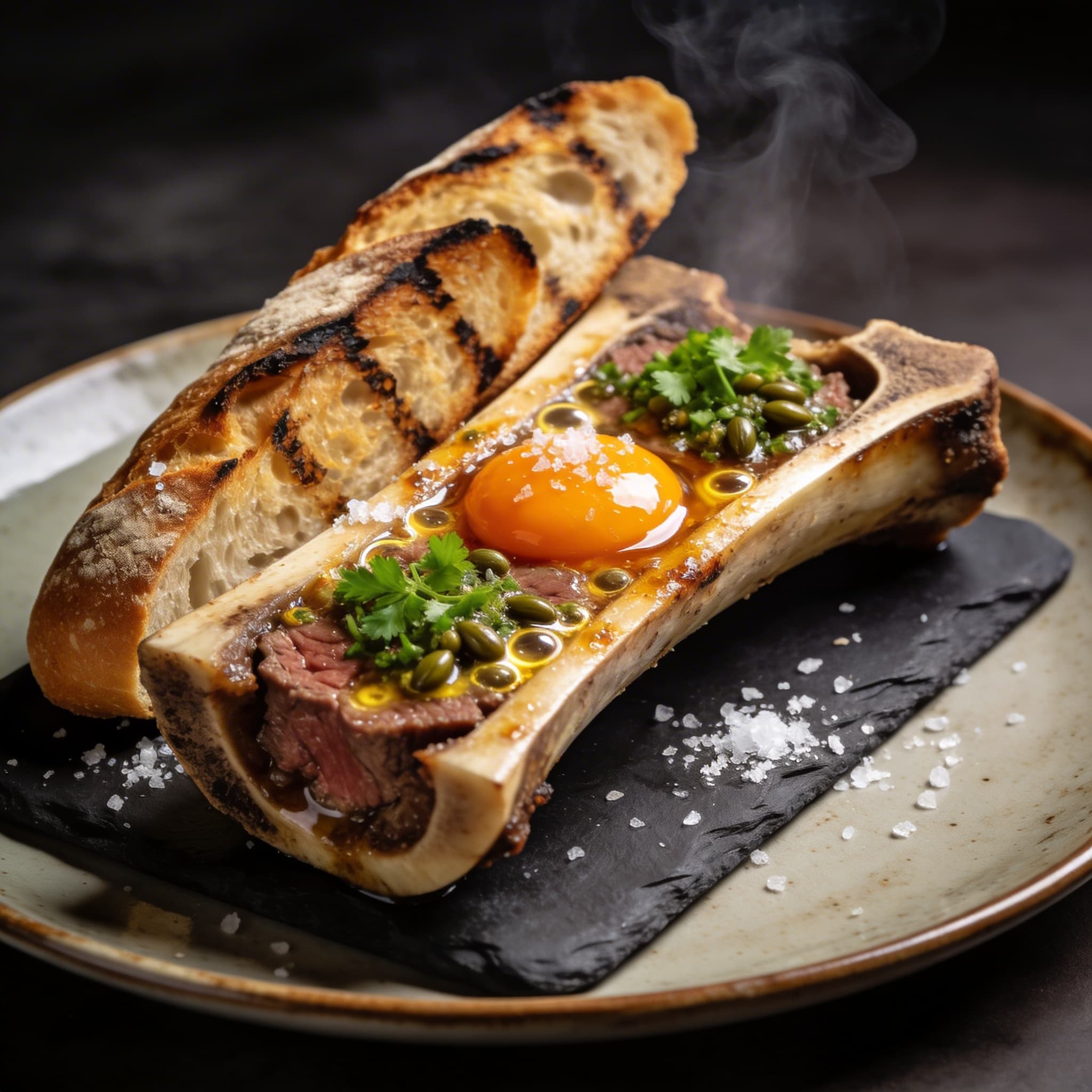 Oak-Roasted Bone Marrow with Tallow-Poached Yolk & Gremolata