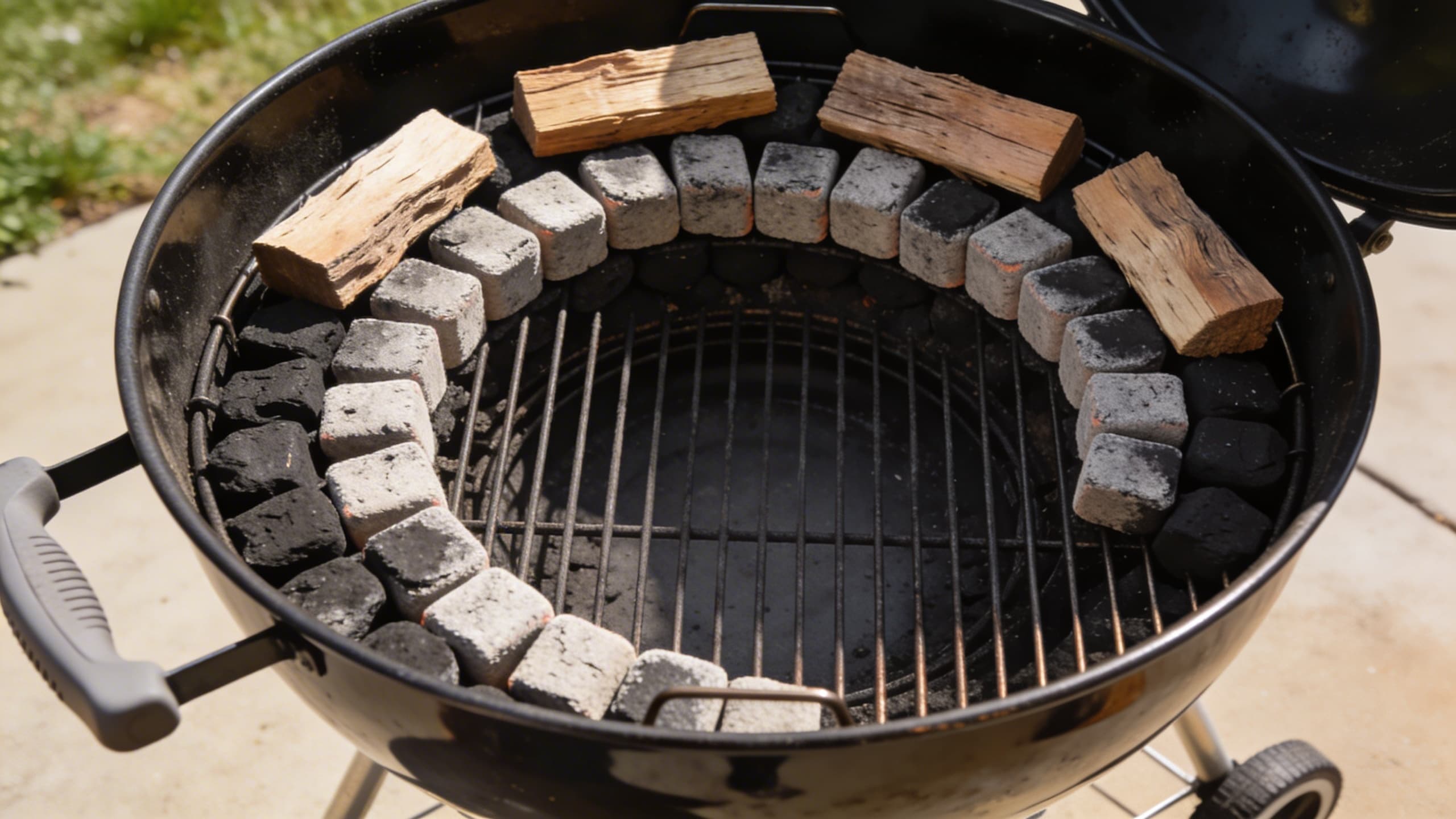 An overhead view of a DIY charcoal "snake method" setup in a standard kettle grill, with wood chunks placed strategically for a long, slow smoke.