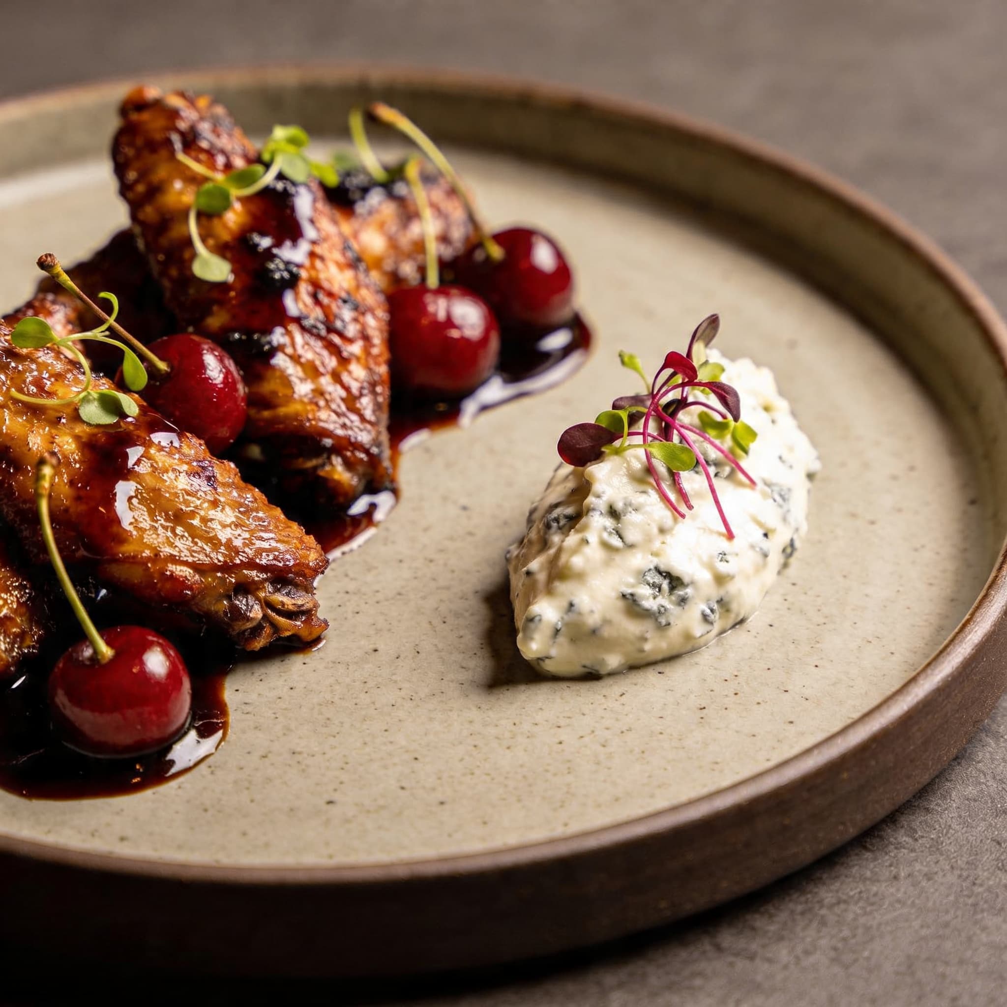 Cherry-Smoked Wings with Balsamic-Espresso Glaze & Gorgonzola Mousse