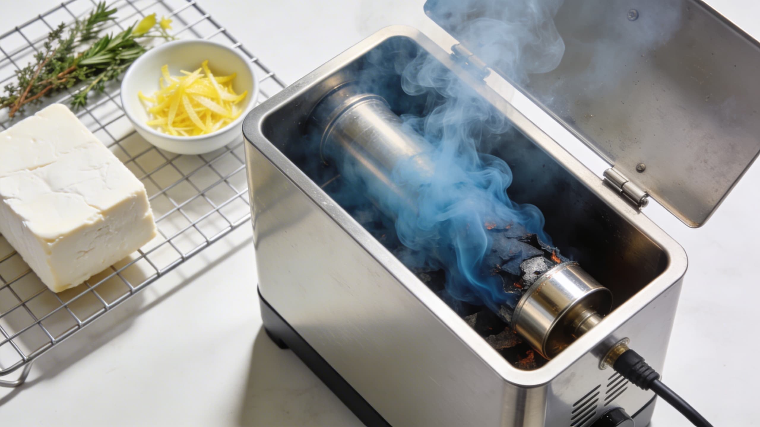 A DIY cold-smoke setup using a smoke tube and a separate cooling chamber for delicate cheeses.