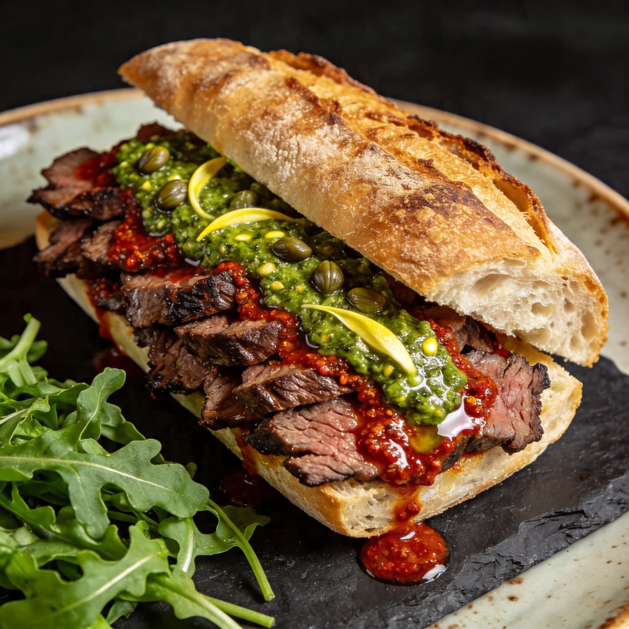 'Nduja-Seared Flank Steak Ciabatta with Salsa Verde