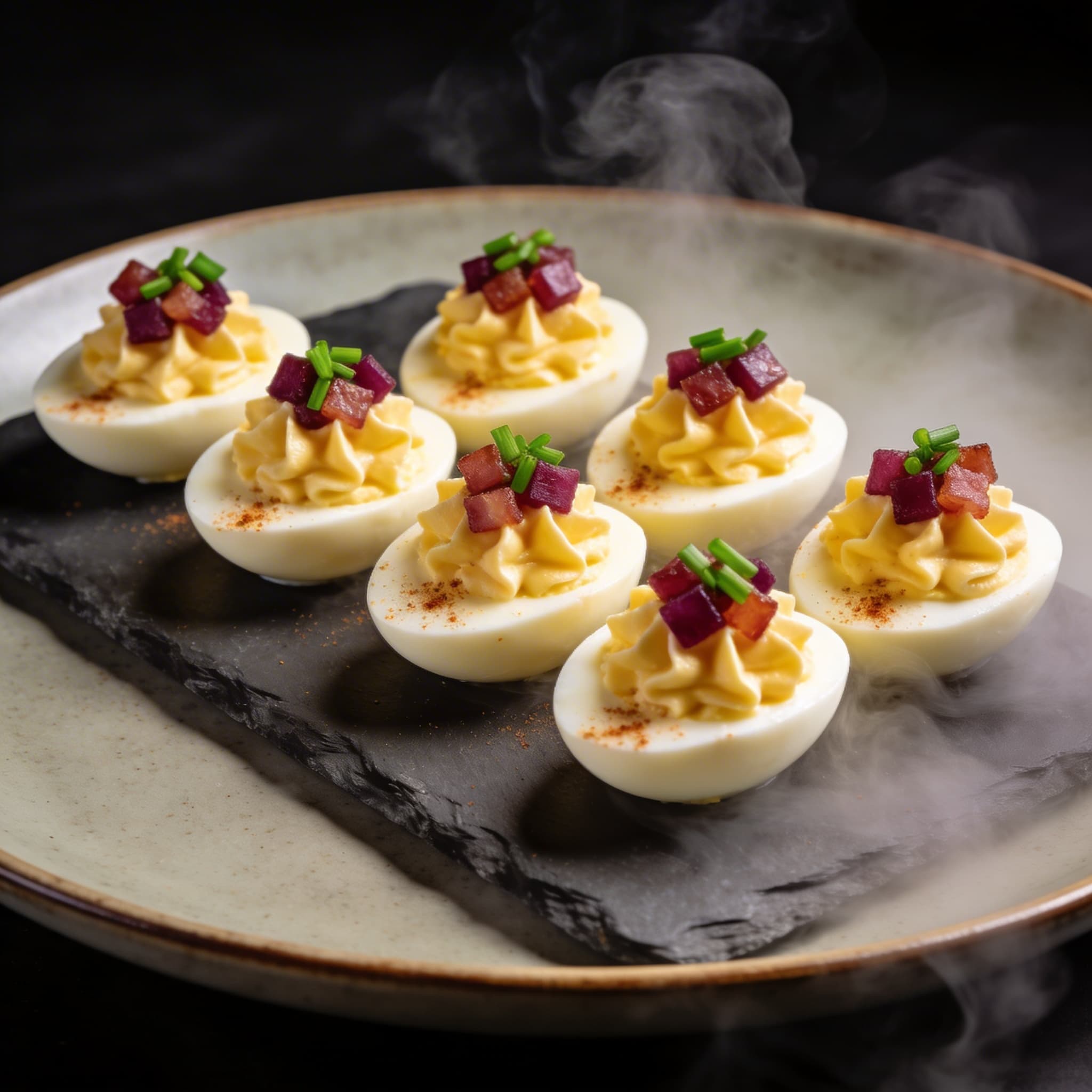 Cold-Smoked 'Aero' Deviled Eggs with Crisped Pancetta