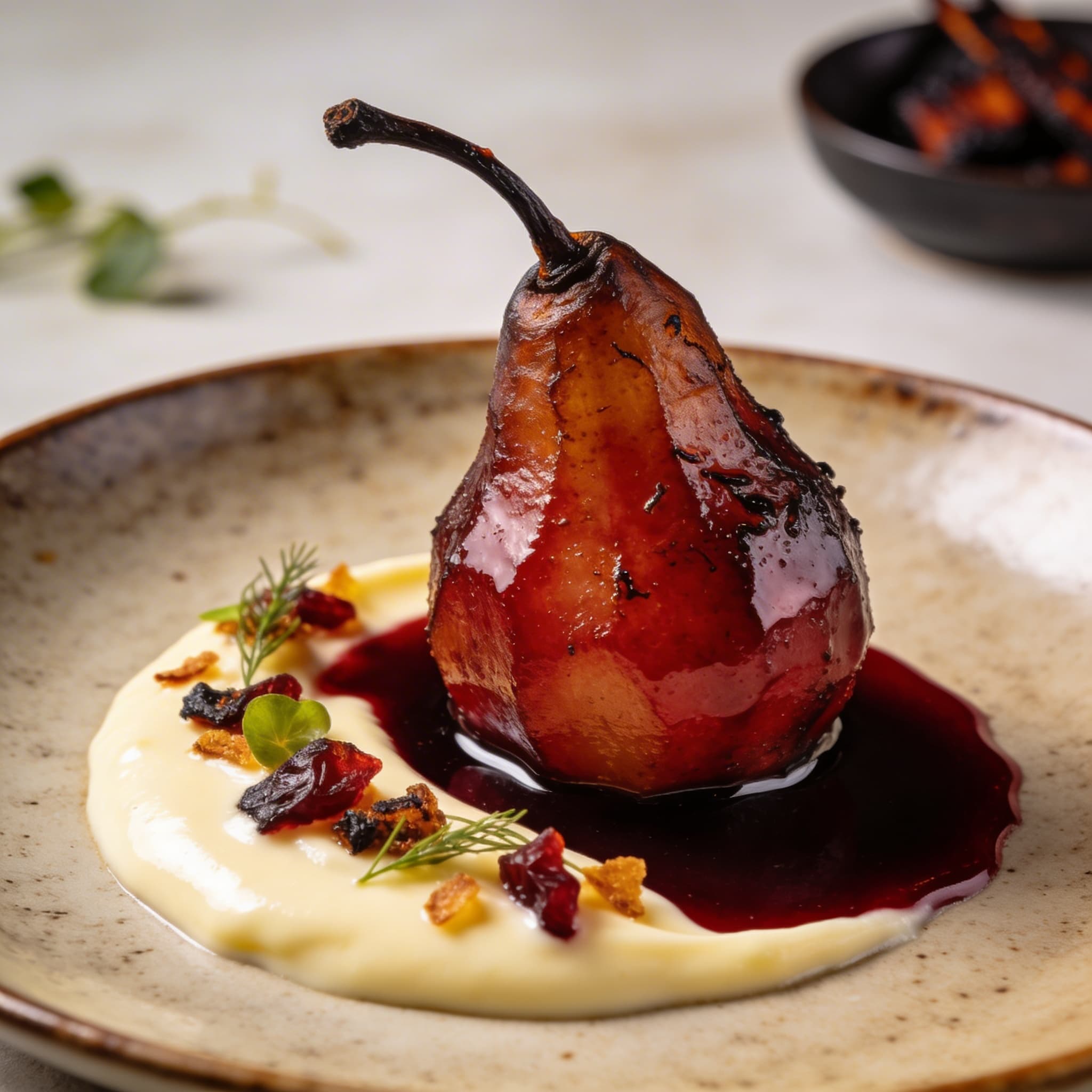 Hickory-Smoked Pears with Red Wine Reduction & Vanilla Crème Anglaise