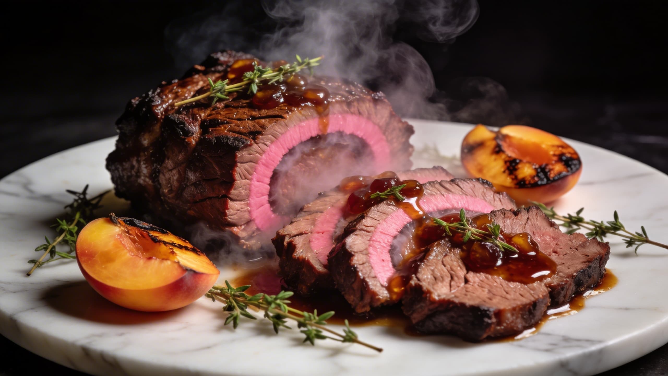 Plated fusion masterpiece: Sliced brisket with a vivid 1/2-inch pink smoke ring under mahogany bark, drizzled with agrodolce gastrique, fresh thyme sprigs and charred peach halves on a white marble plate, steam rising, moody lighting