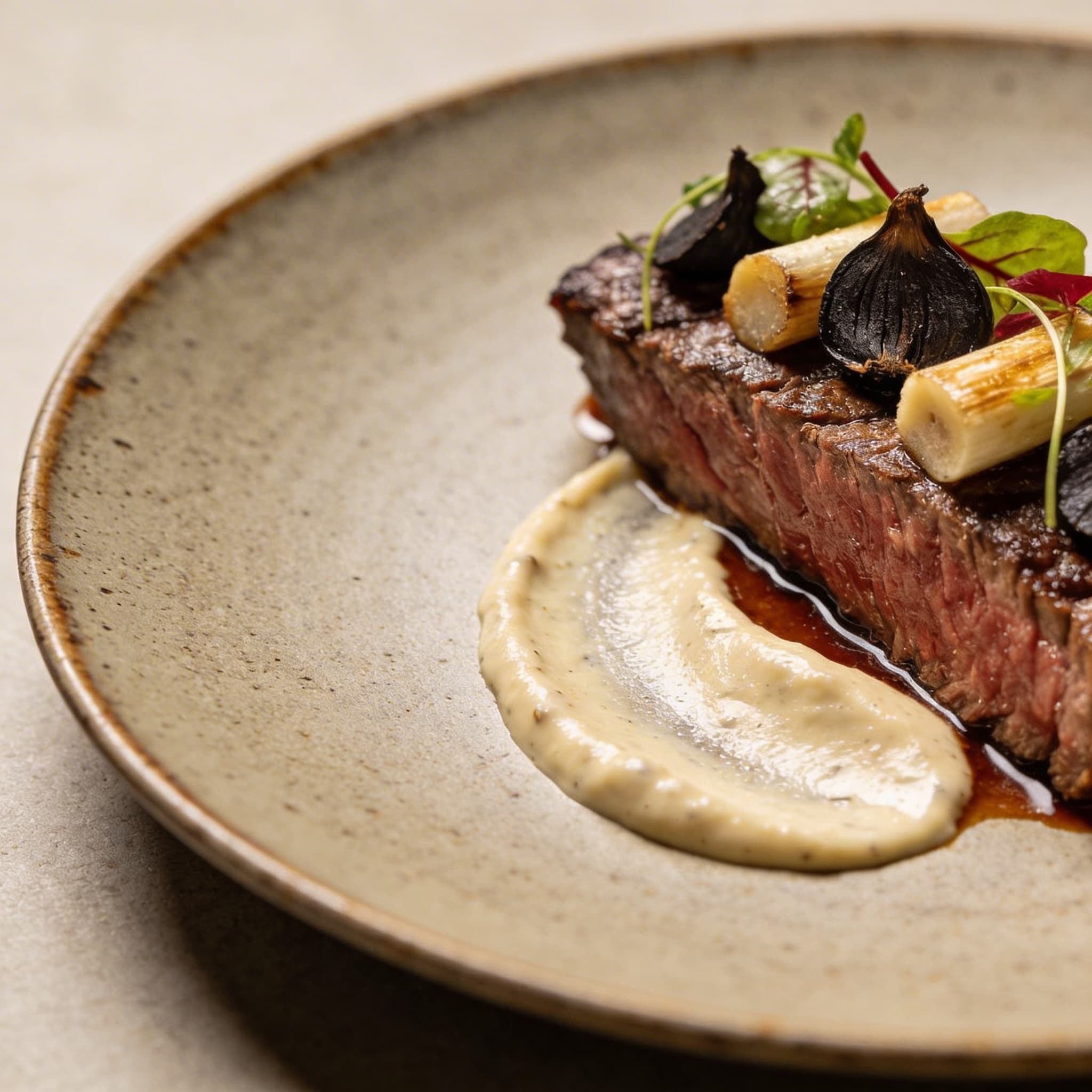 Seared Hanger Steak with Black Garlic & Bone Marrow Emulsion