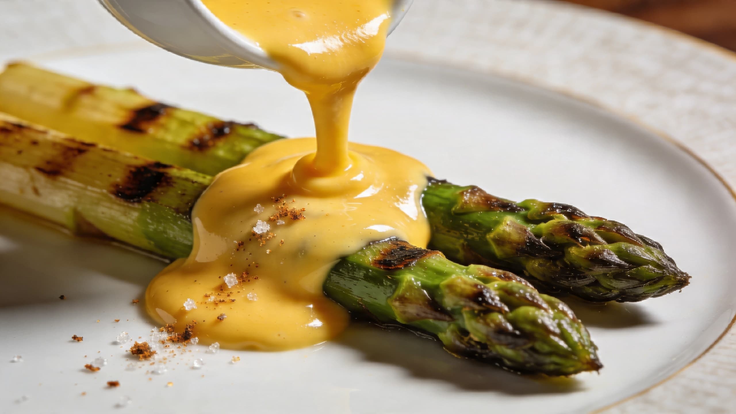 A stunning close-up of a glossy, silk-smooth smoked hollandaise garnished with micro-greens and a dusting of smoked paprika.
