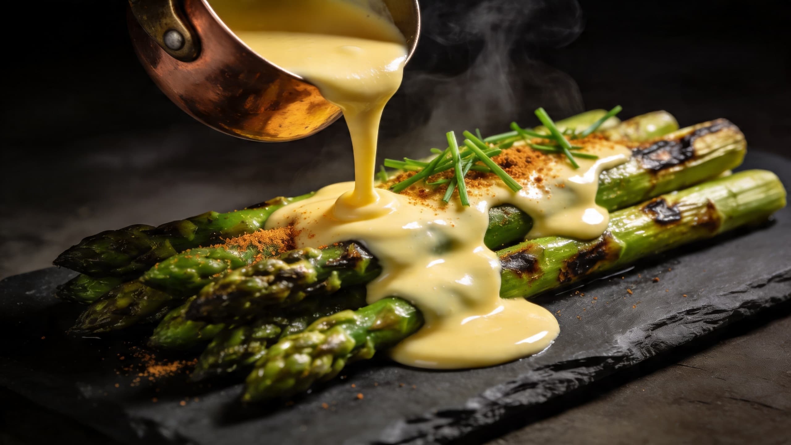 A top-down view of a perfectly plated smoked hollandaise draped over a charred asparagus spear, showing high viscosity and a glossy sheen.