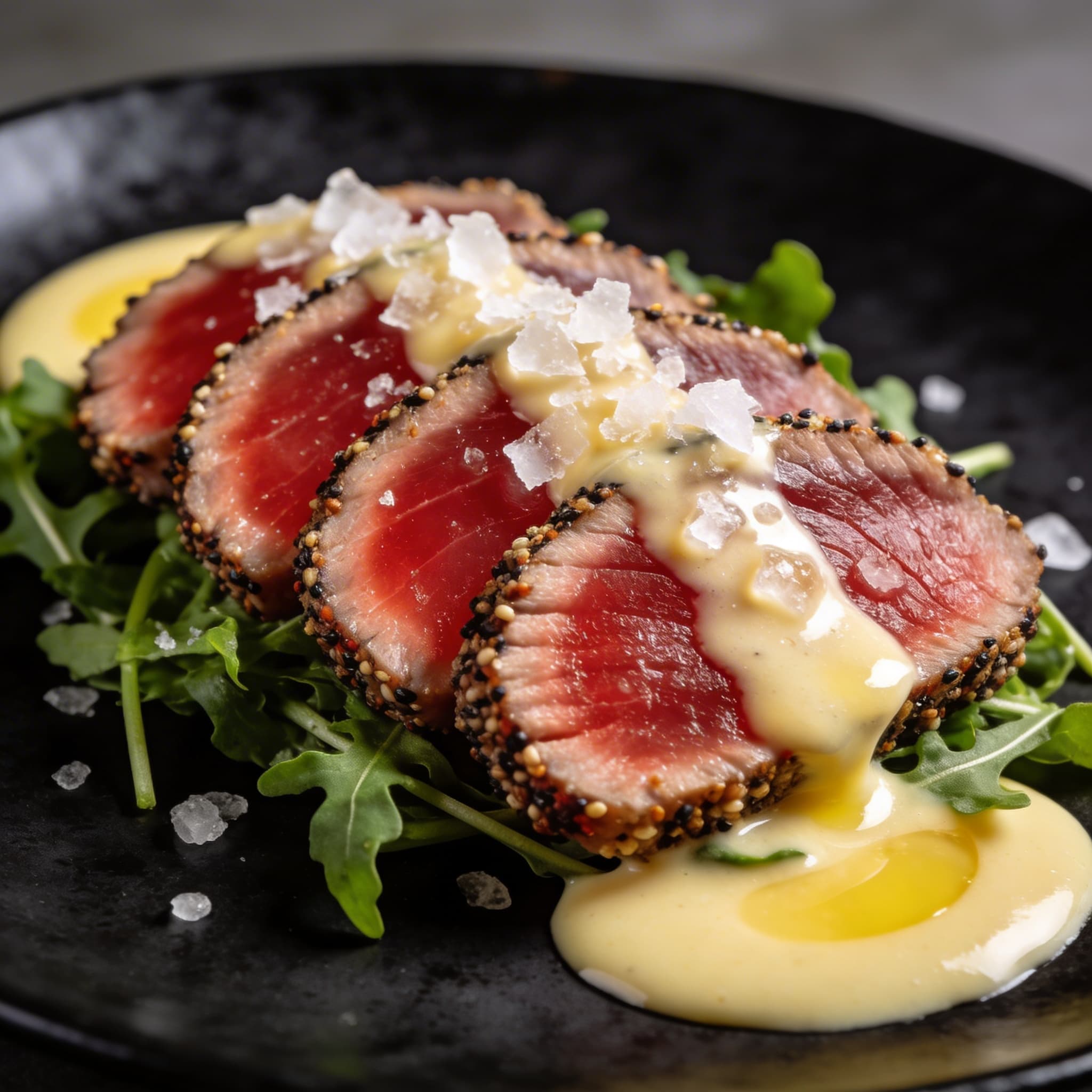 Peppercorn-Crusted Ahi with Citron-Yolk Emulsion
