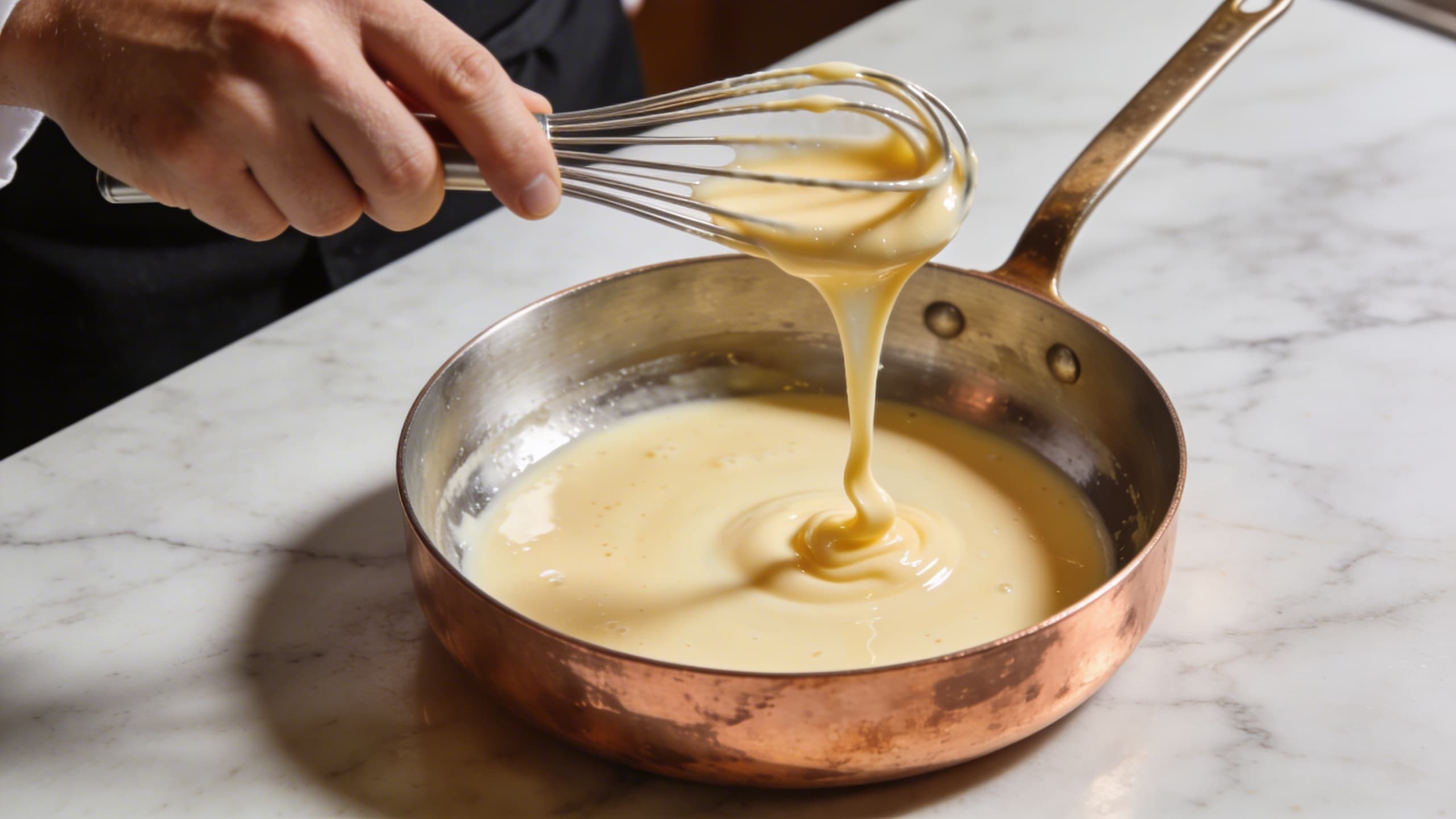 Image 2: A chef using a copper saucier to whisk a glossy, smoked-butter emulsion, showing the perfect ribbony texture.
