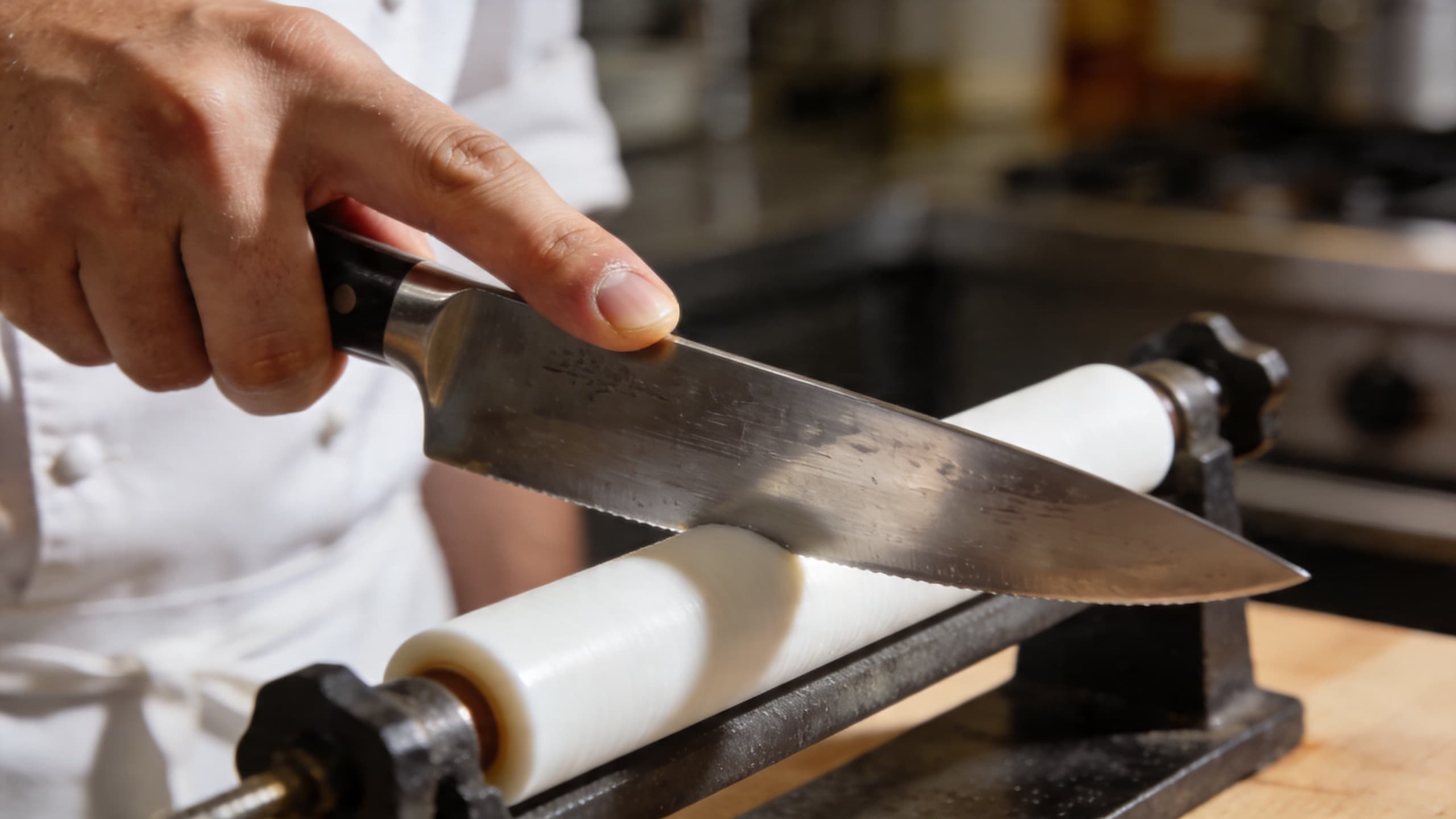 A close-up of a professional grip on a honing steel, showing the knife moving at a consistent angle from heel to tip.