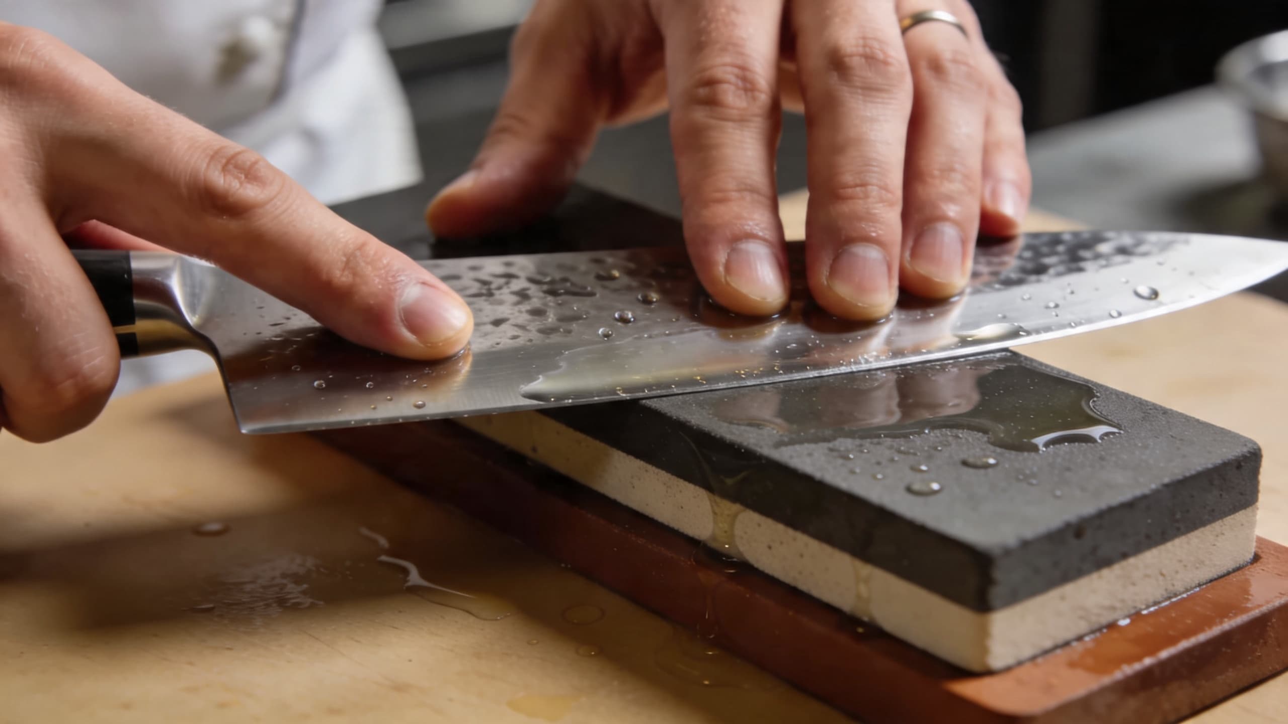 A chef carefully drawing a chef's knife across a whetstone at a precise 15-degree angle, with water droplets on the stone and a focused, professional atmosphere.