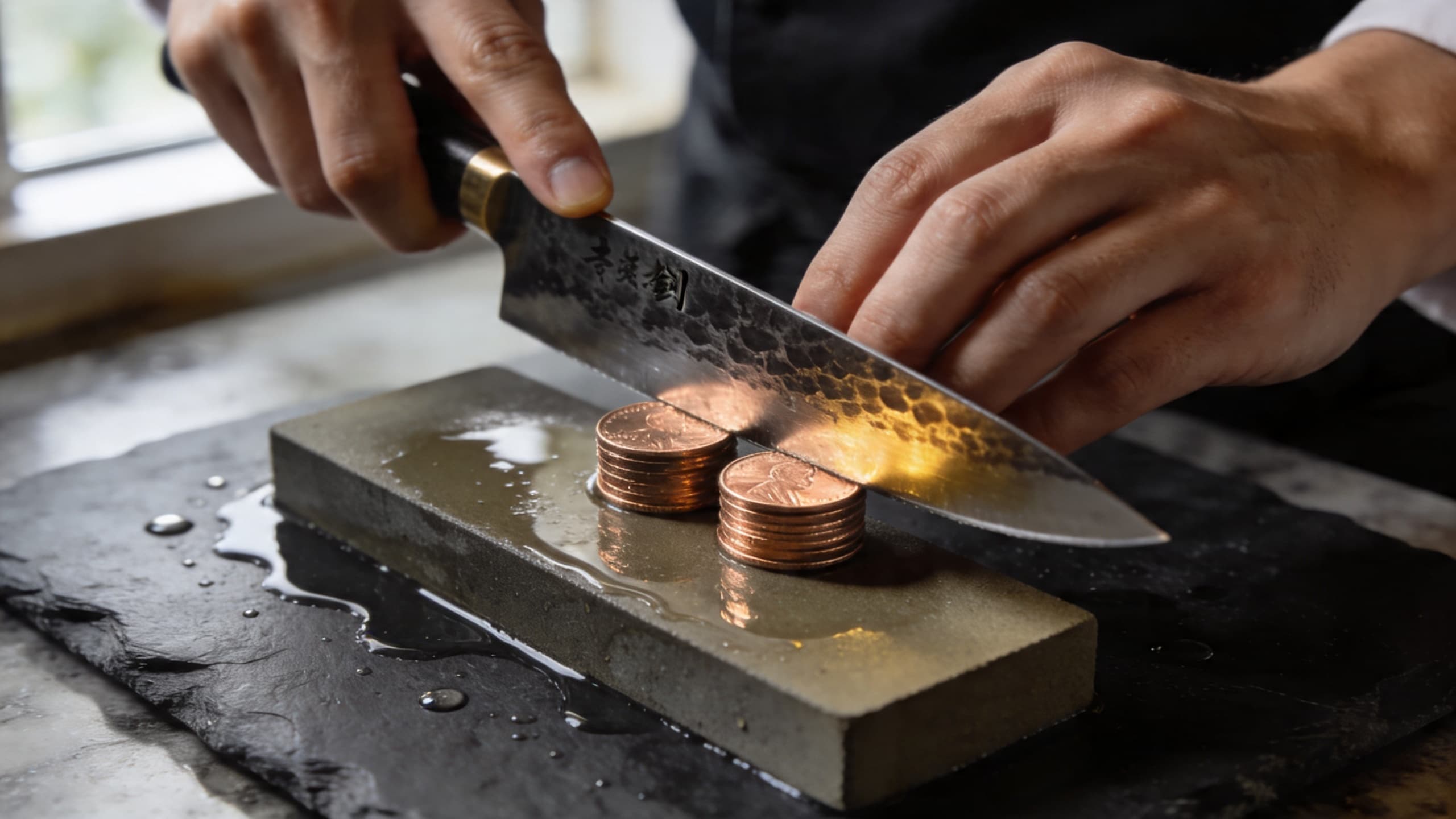 A chef's hands demonstrating the 15-degree angle using a stack of two pennies under the spine of a Japanese carbon steel knife on a whetstone.