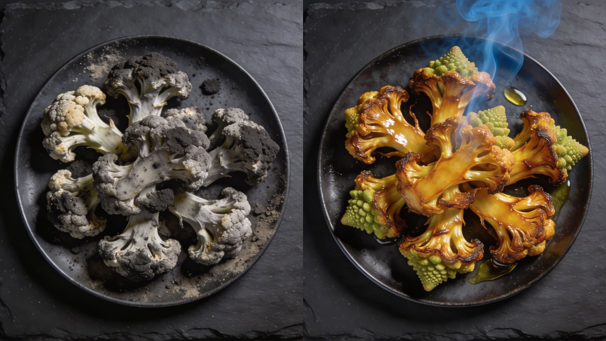 A comparison of over-smoked, soot-stained cauliflower versus perfectly golden, translucent smoked florets.