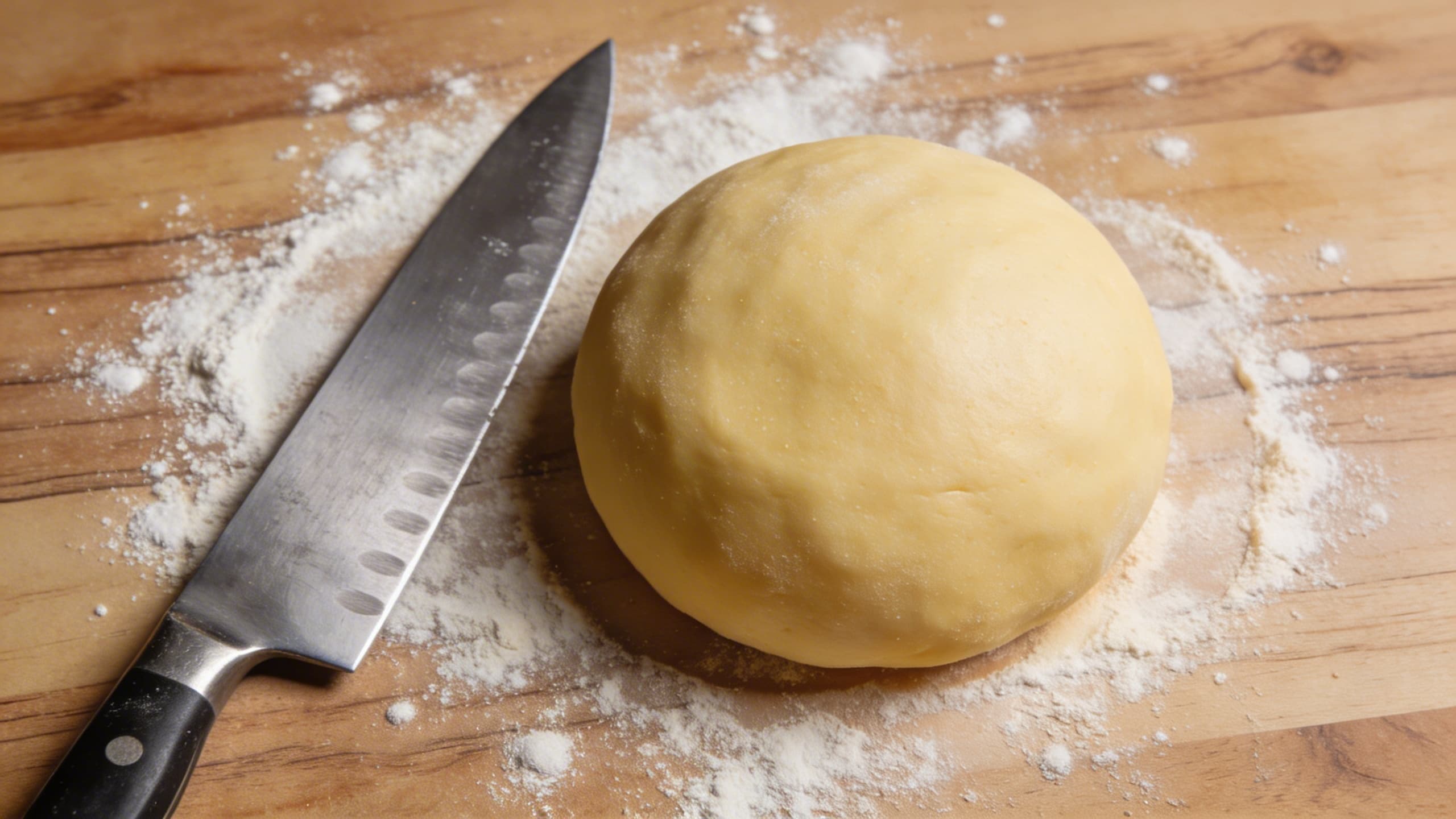 Image 2: A perfectly smooth, pale yellow ball of rested semolina dough sitting next to a sharp carbon steel knife, ready for shaping.