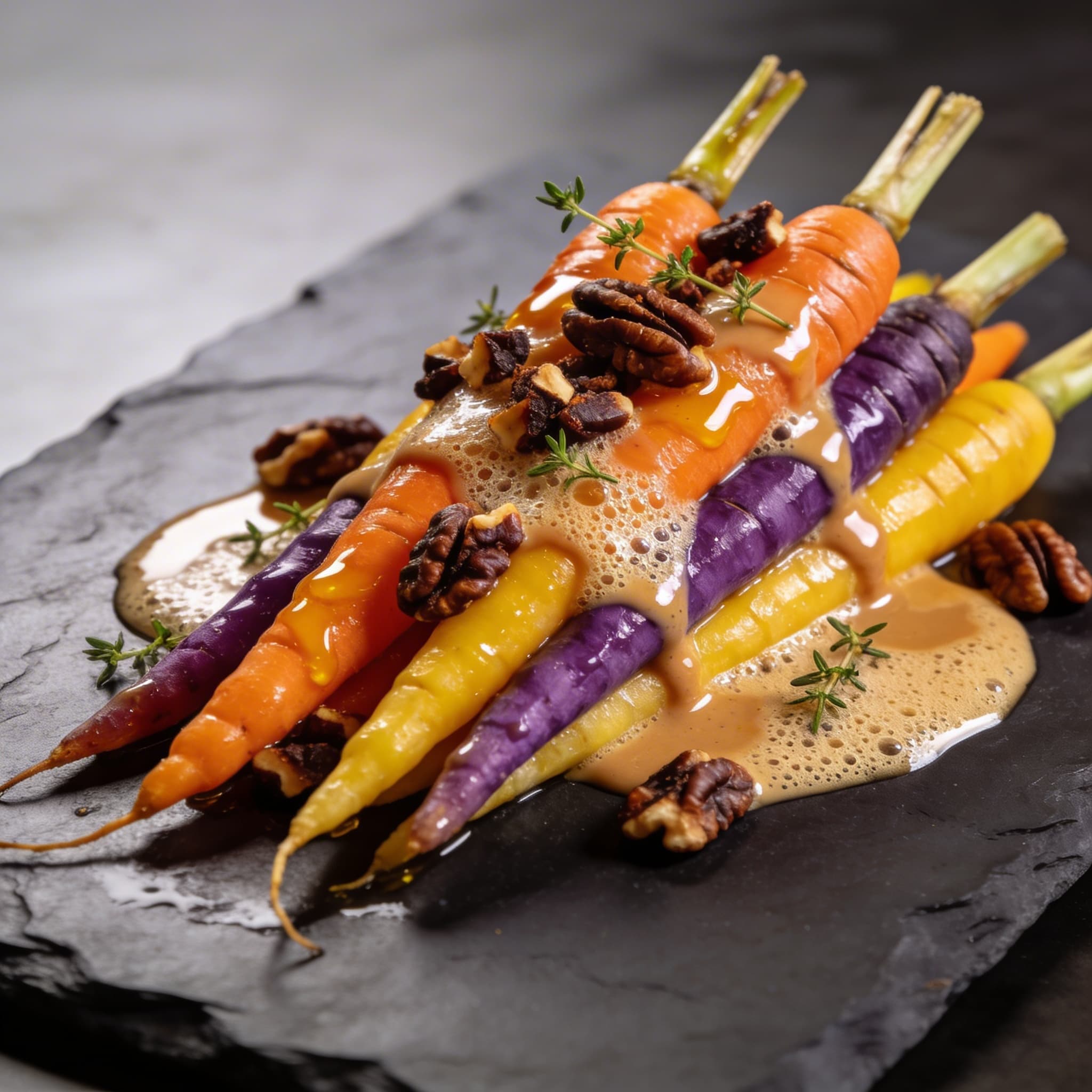 Honey-Glazed Heirloom Carrots with Smoked Pecan Emulsion