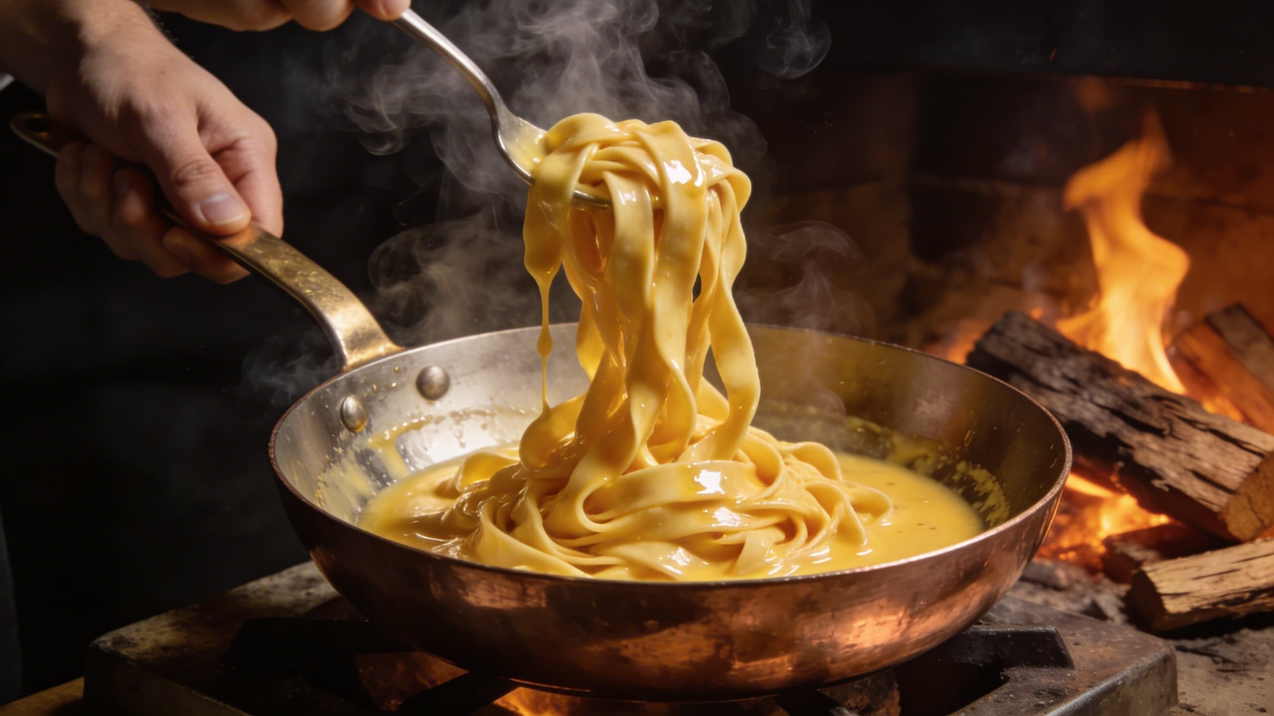 The final toss of smoked fettuccine in a glossy, high-viscosity emulsion of butter and wood-fired essence.