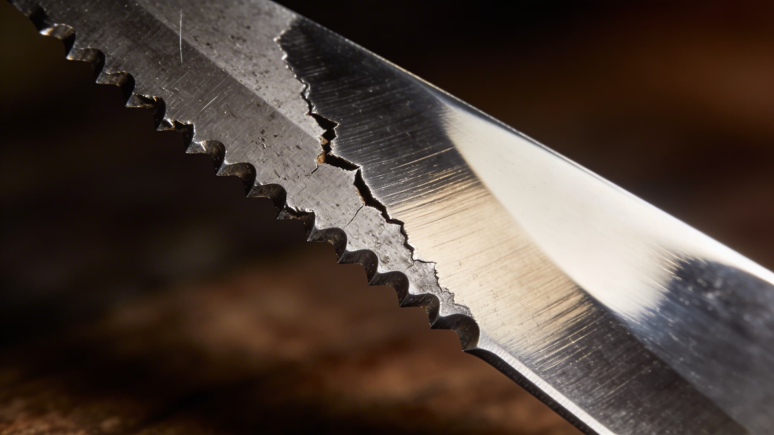 A macro shot of a jagged, improperly sharpened blade edge versus a polished, mirror-finish edge.