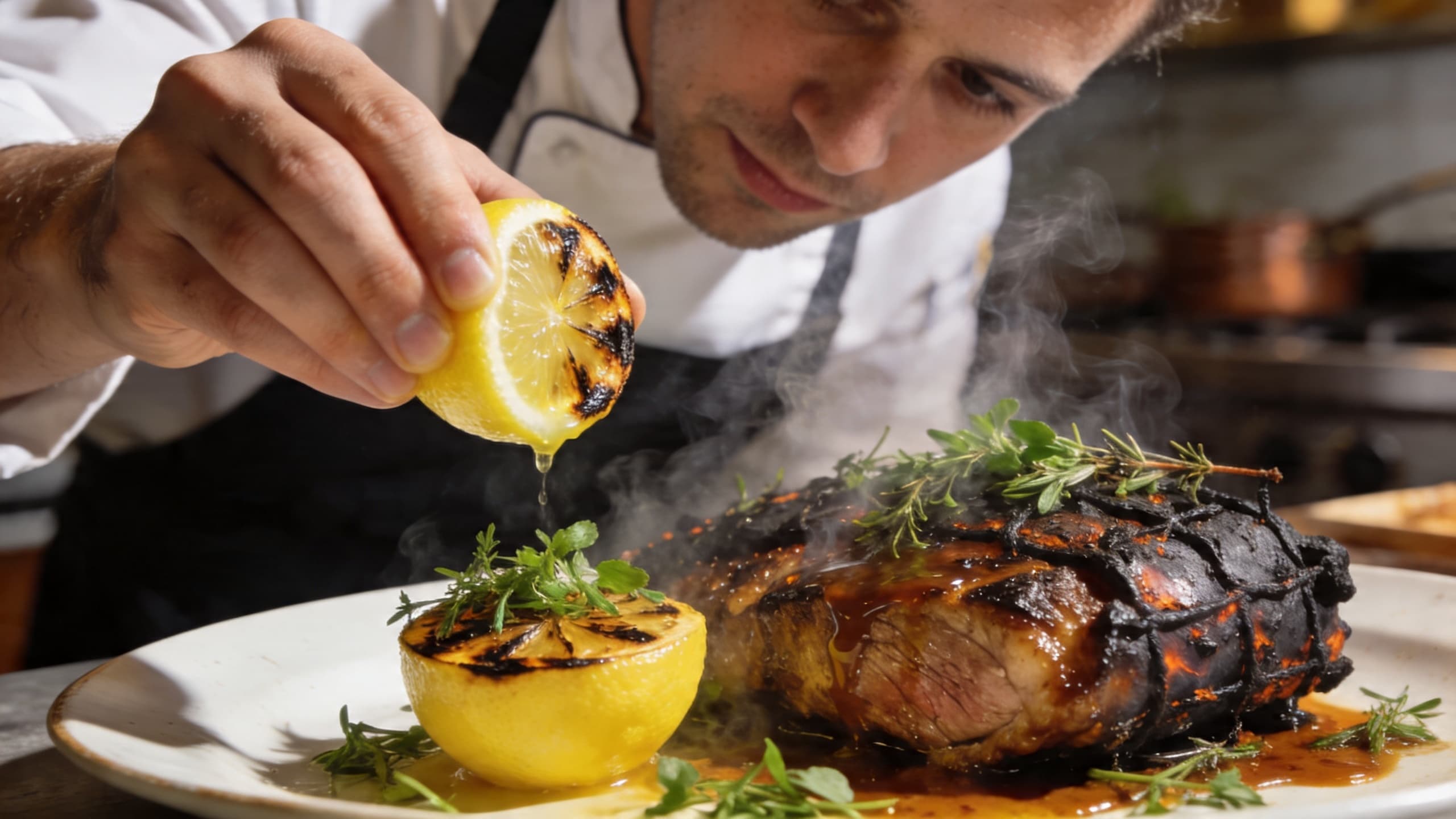 A chef's hand carefully garnishing a smoked dish with fresh herbs and a final squeeze of charred lemon, natural light hitting the steam.