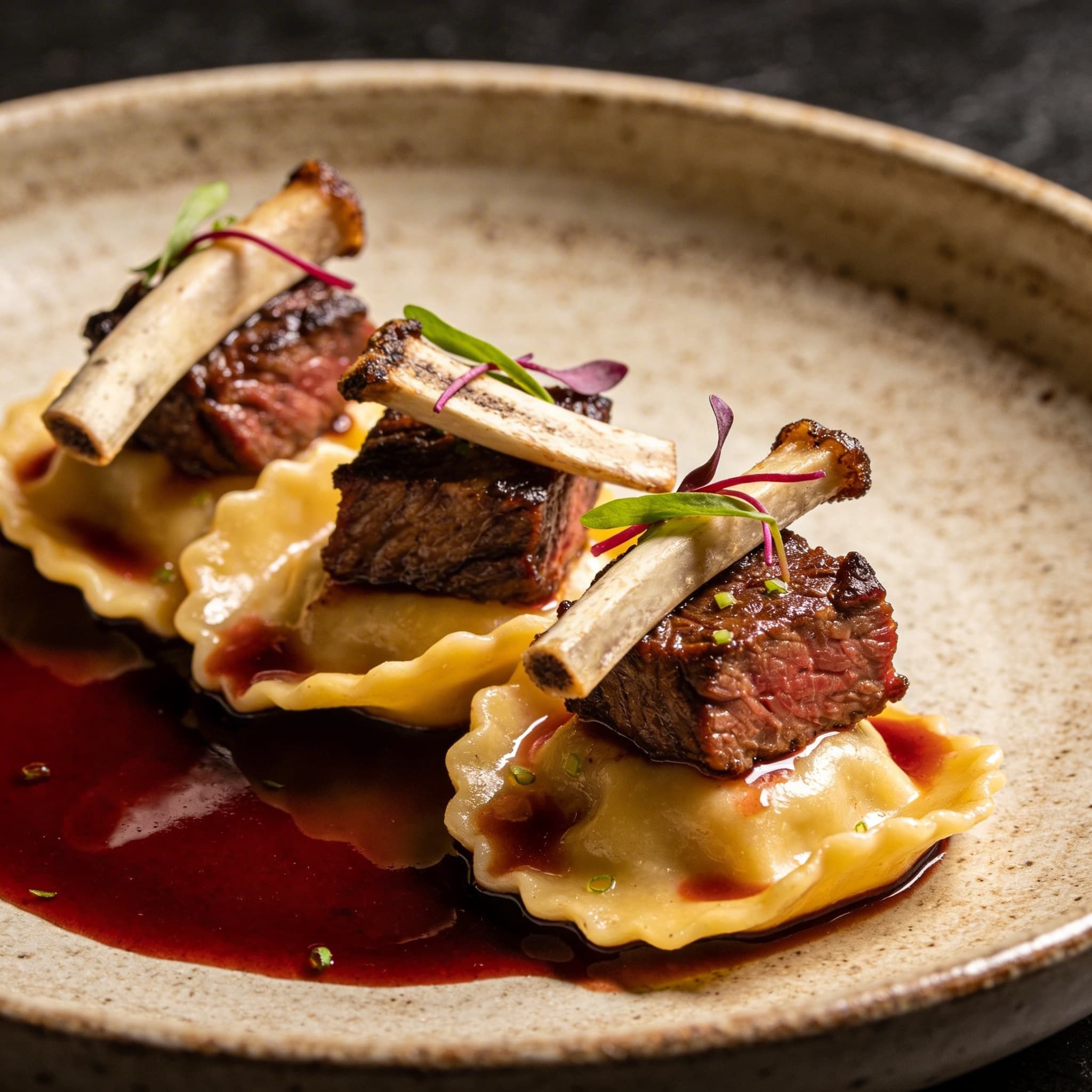 Smoked Short Rib Agnolotti with Bone Marrow Red Wine Reduction