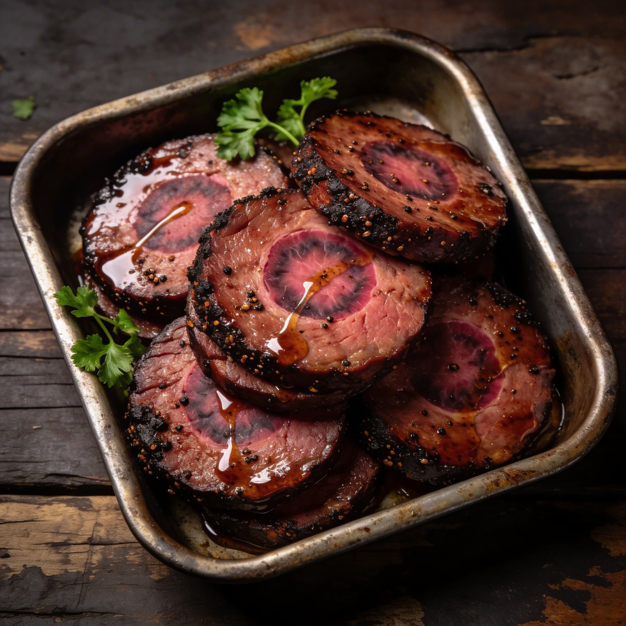 Oak-Smoked Beef Sausage Coins with Black Pepper Mop