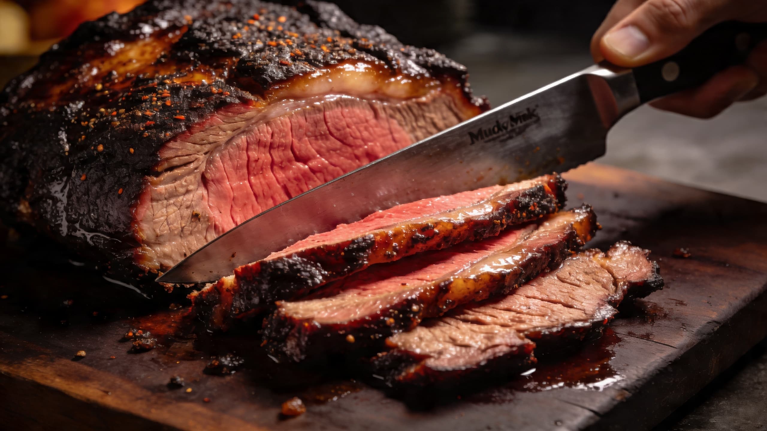 A perfectly rested brisket being sliced, showing a deep pink smoke ring and glistening moisture