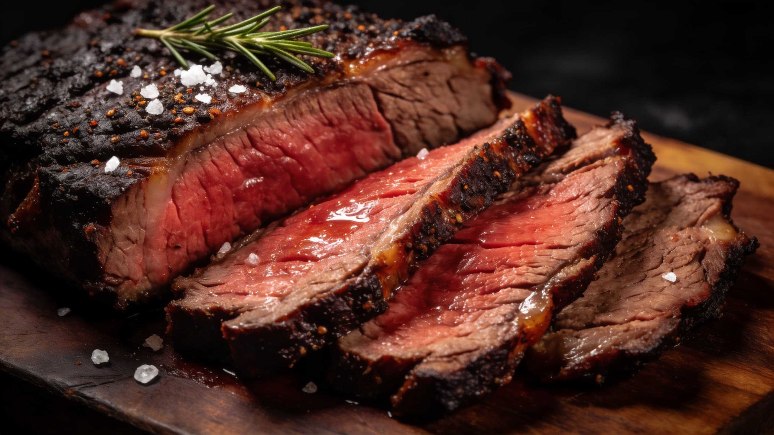 Image 2: A perfectly sliced brisket with a deep pink smoke ring and a glistening, moist interior, served on a rustic wooden board—a disaster averted by proper resting.