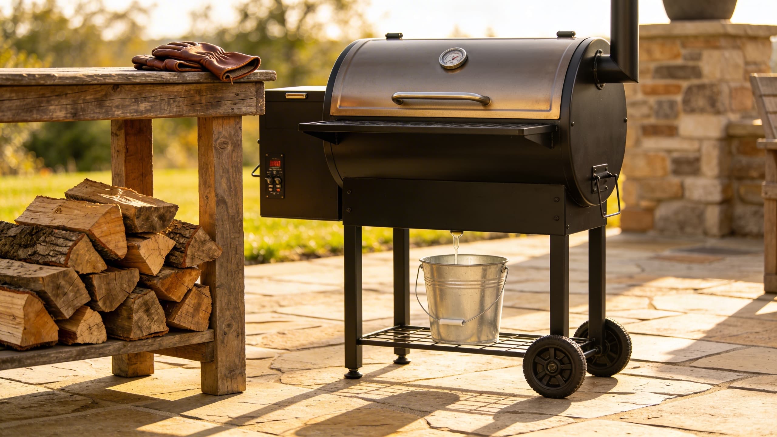 A clean, well-maintained offset smoker setup with organized wood splits and a clear drip bucket.