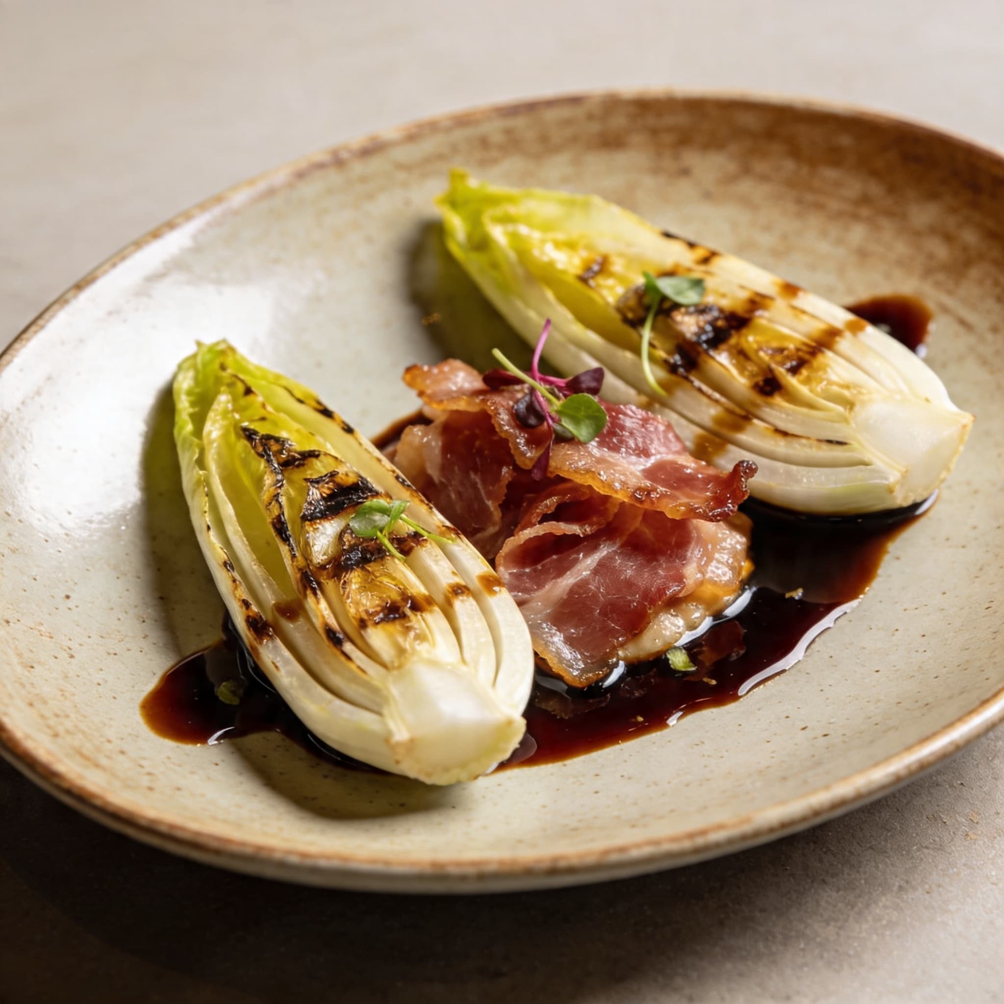 Charred Endive with Rendered Guanciale & Balsamic Reduction