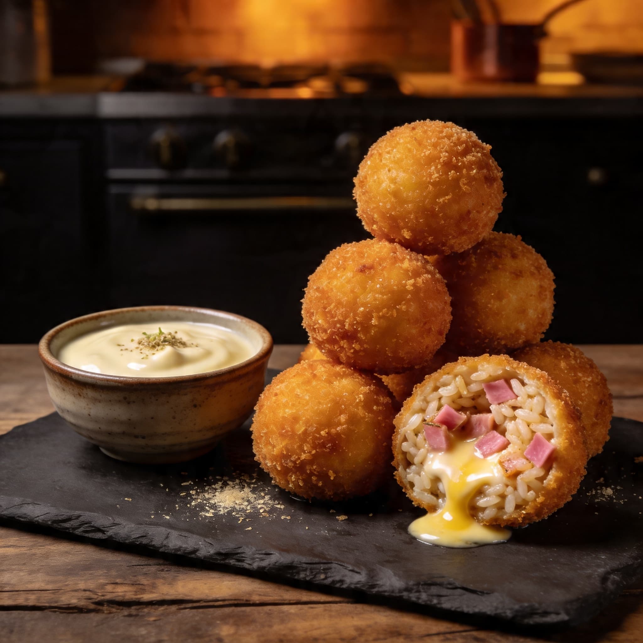 Croque Arancini Bites: Cold-Smoked Jambon de Bayonne and Gruyère Risotto Balls with Mornay Dip