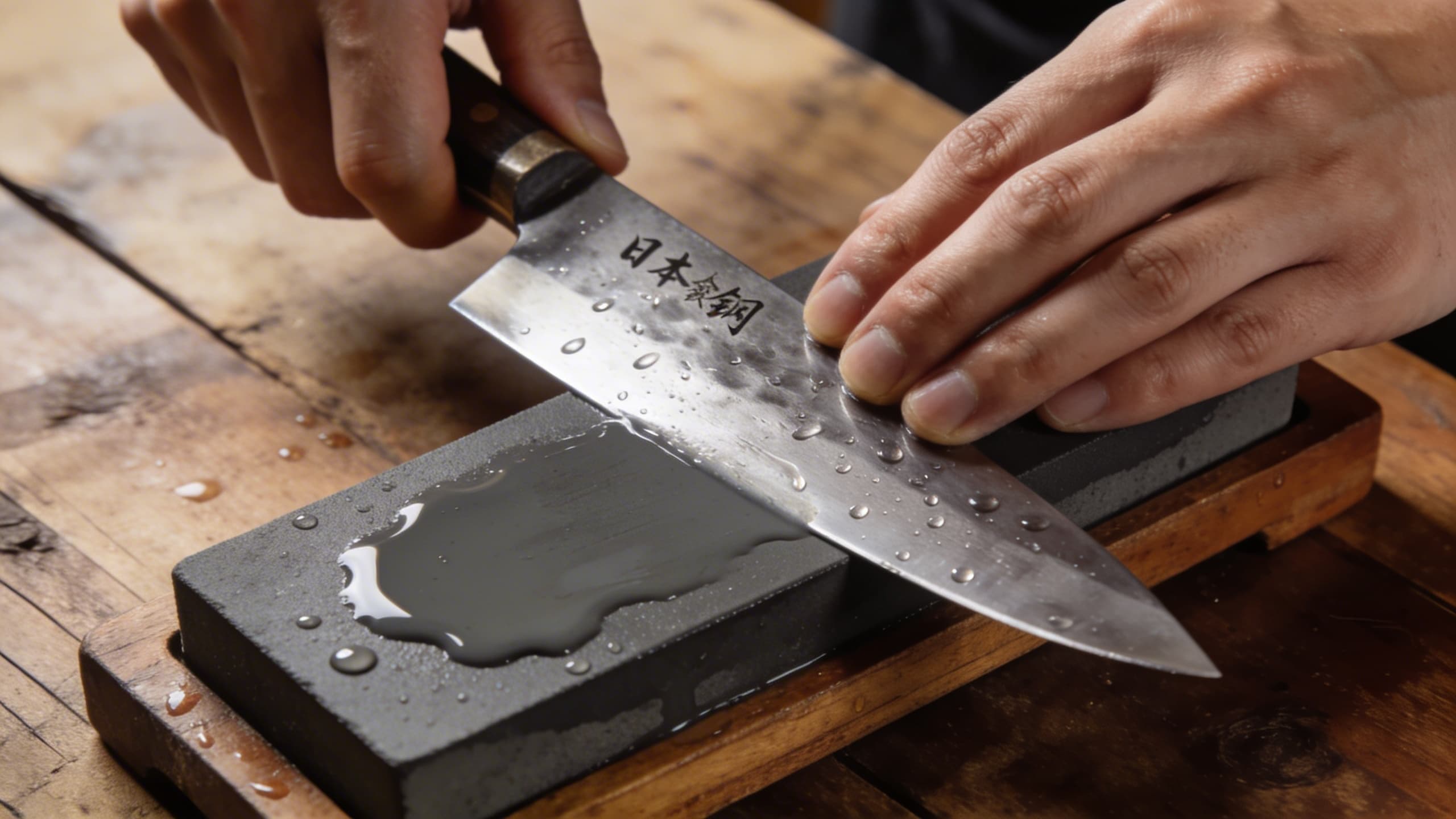 A chef's hands precisely guiding a knife across a whetstone with a visible slurry forming on the surface.