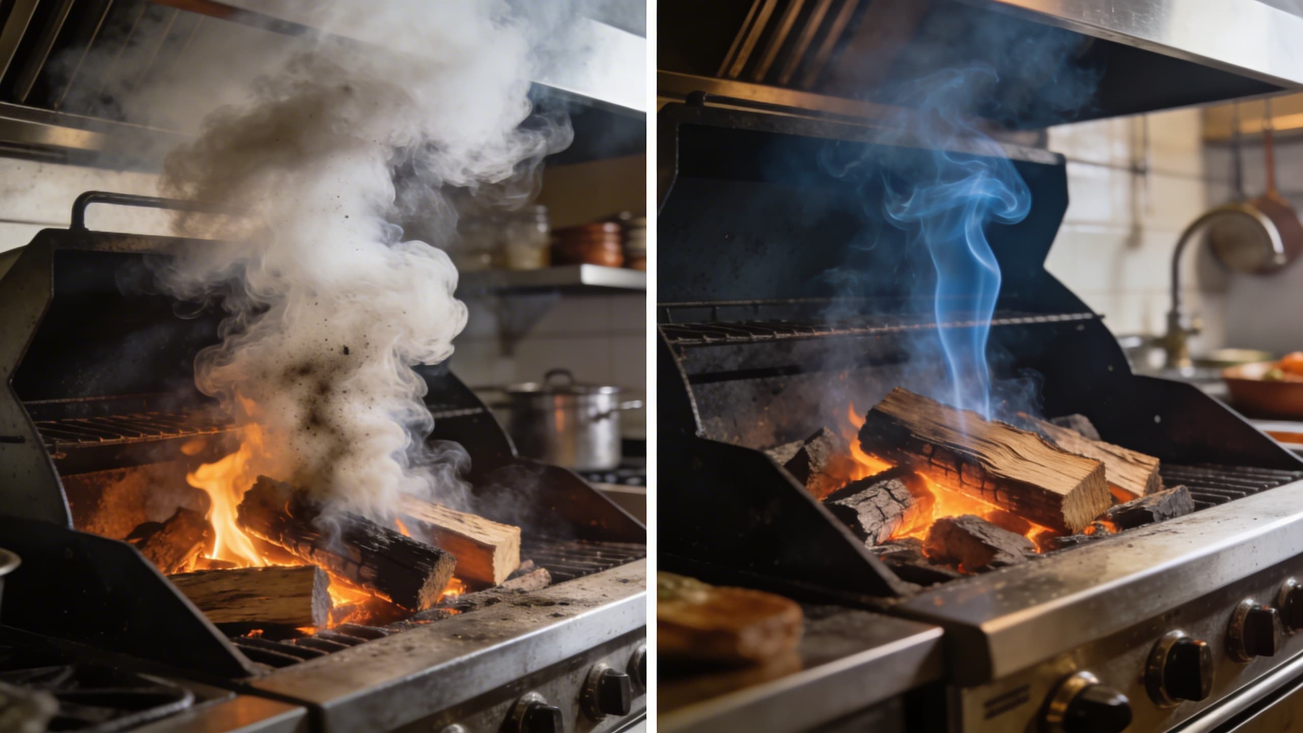 Image 1: A close-up of "clean" blue smoke vs. thick white "dirty" smoke in a professional offset smoker.
