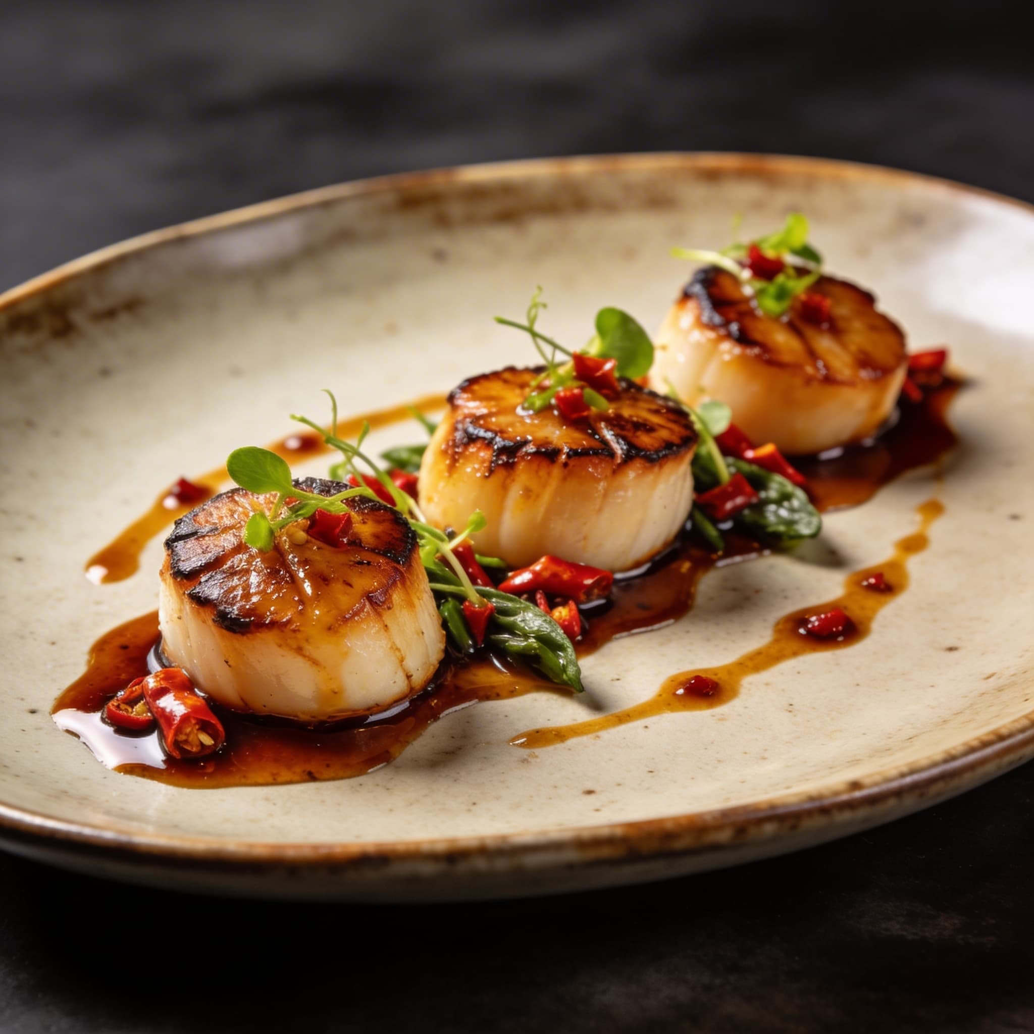 Cold-Smoked Diver Scallops with Bourbon-Chili Gastrique