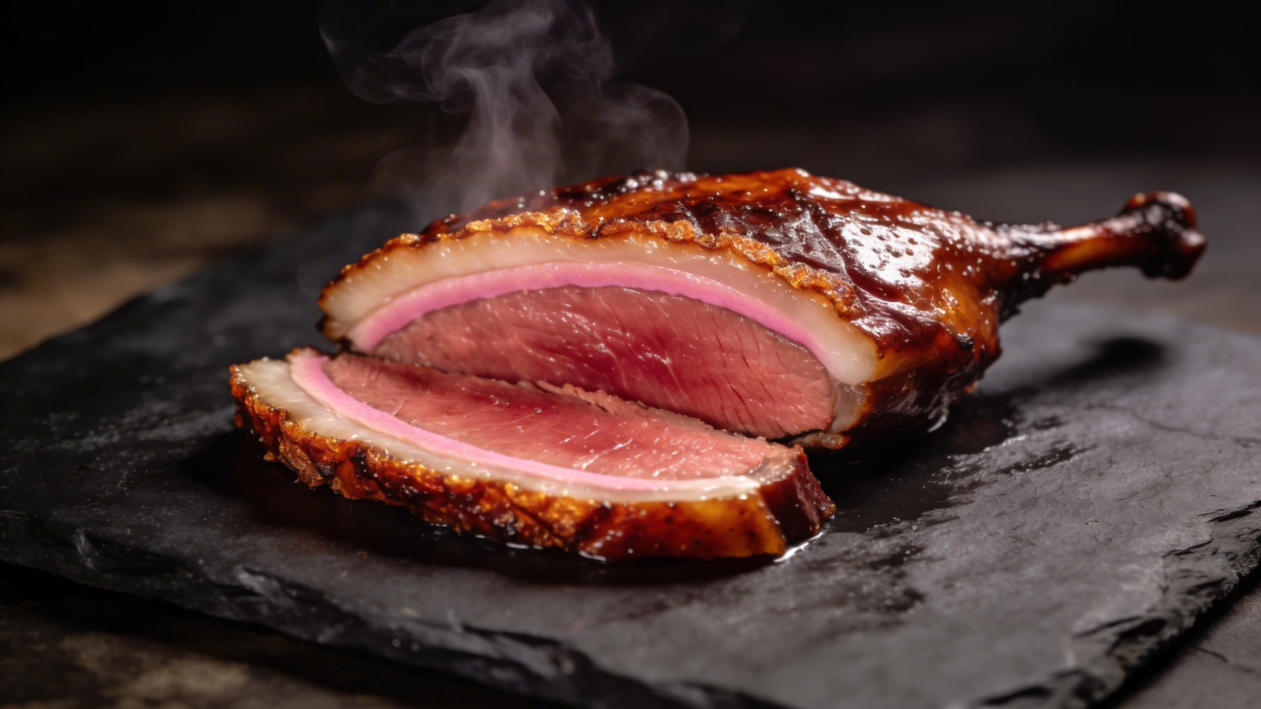 Image 2: A stunning cross-section of a smoked duck breast, showing a vibrant pink interior, a thin, crispy rendered fat cap, and a distinct, delicate smoke ring.