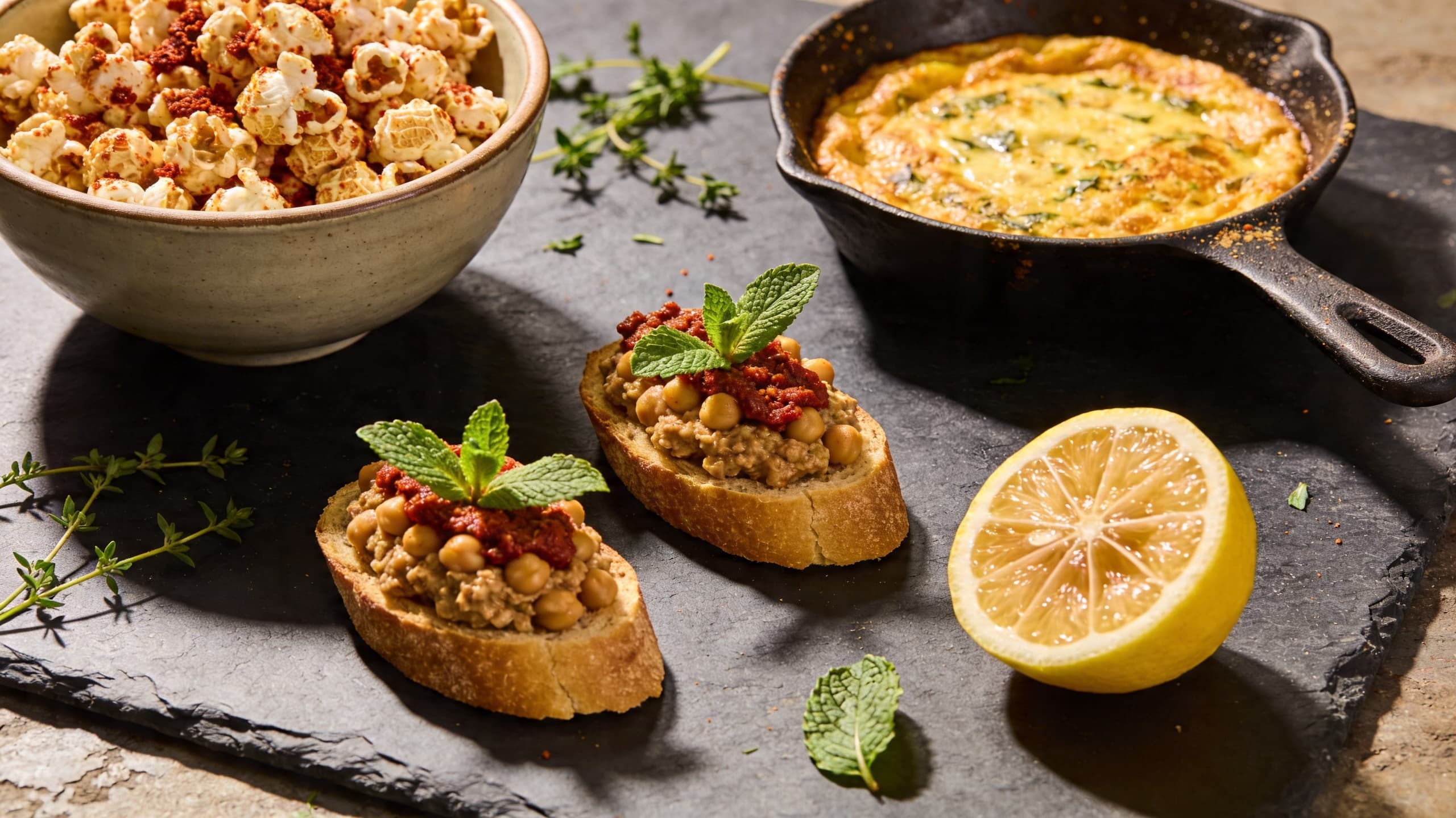 A rustic wooden table spread featuring 'nduja-smeared crostini, spicy popcorn, and a cast-iron frittata, bathed in warm afternoon light.