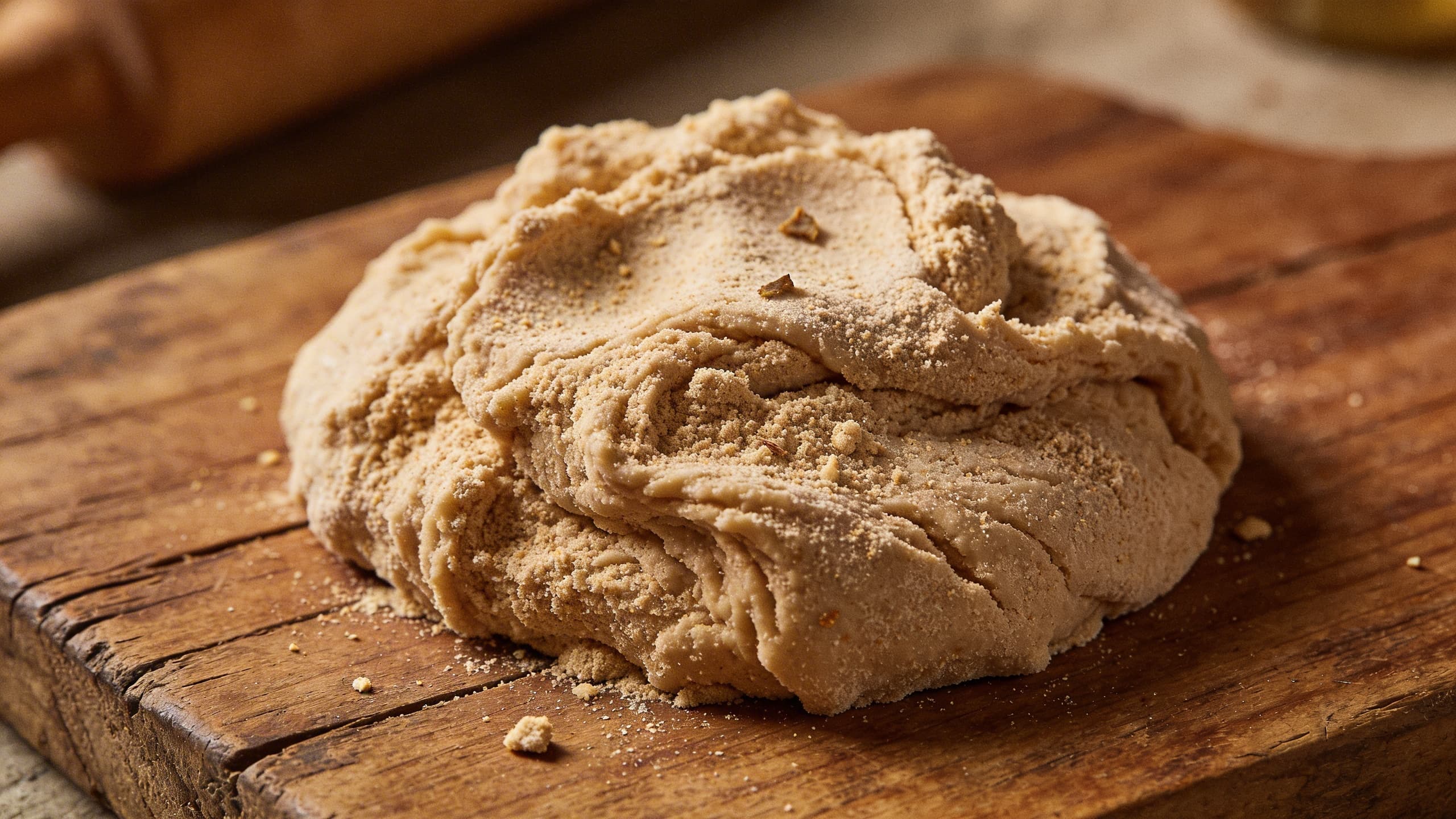 Image 1: A close-up of shaggy semolina dough just starting to come together on a wooden board, showing the coarse texture of the durum wheat.