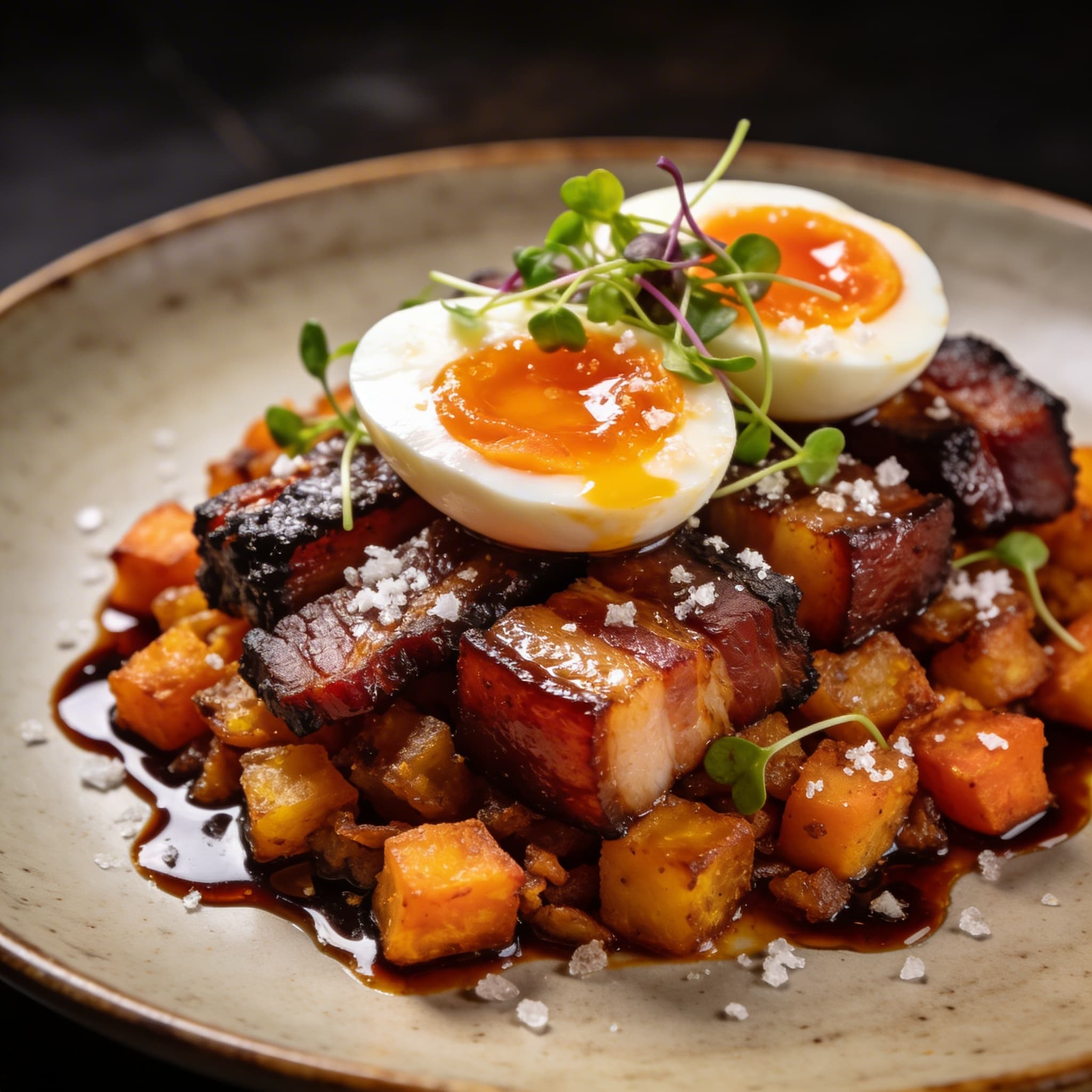 Applewood Smoked Pork Belly & Jammy Egg Hash