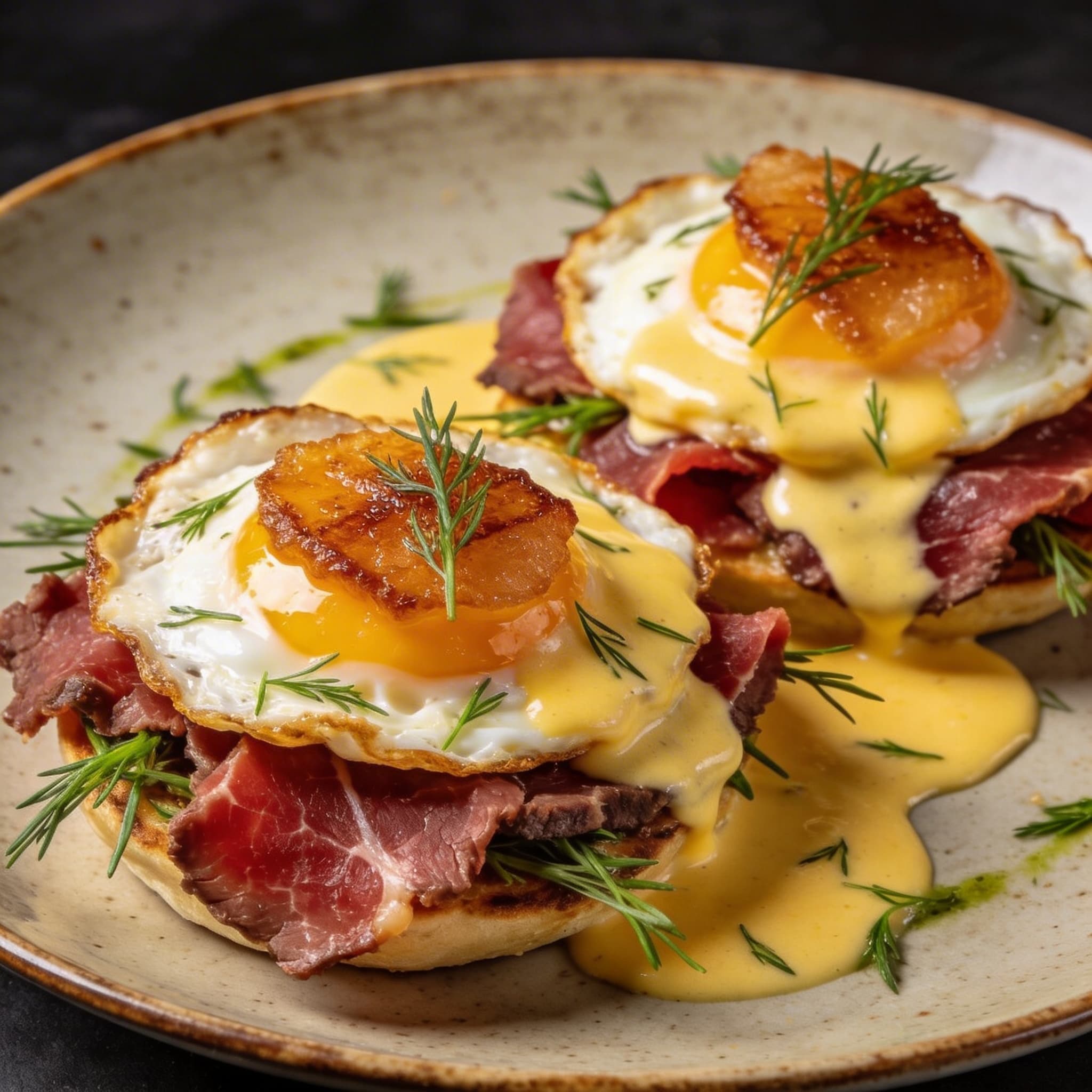Smoked Tallow Fried Eggs with Wagyu Bresaola & Tarragon Hollandaise