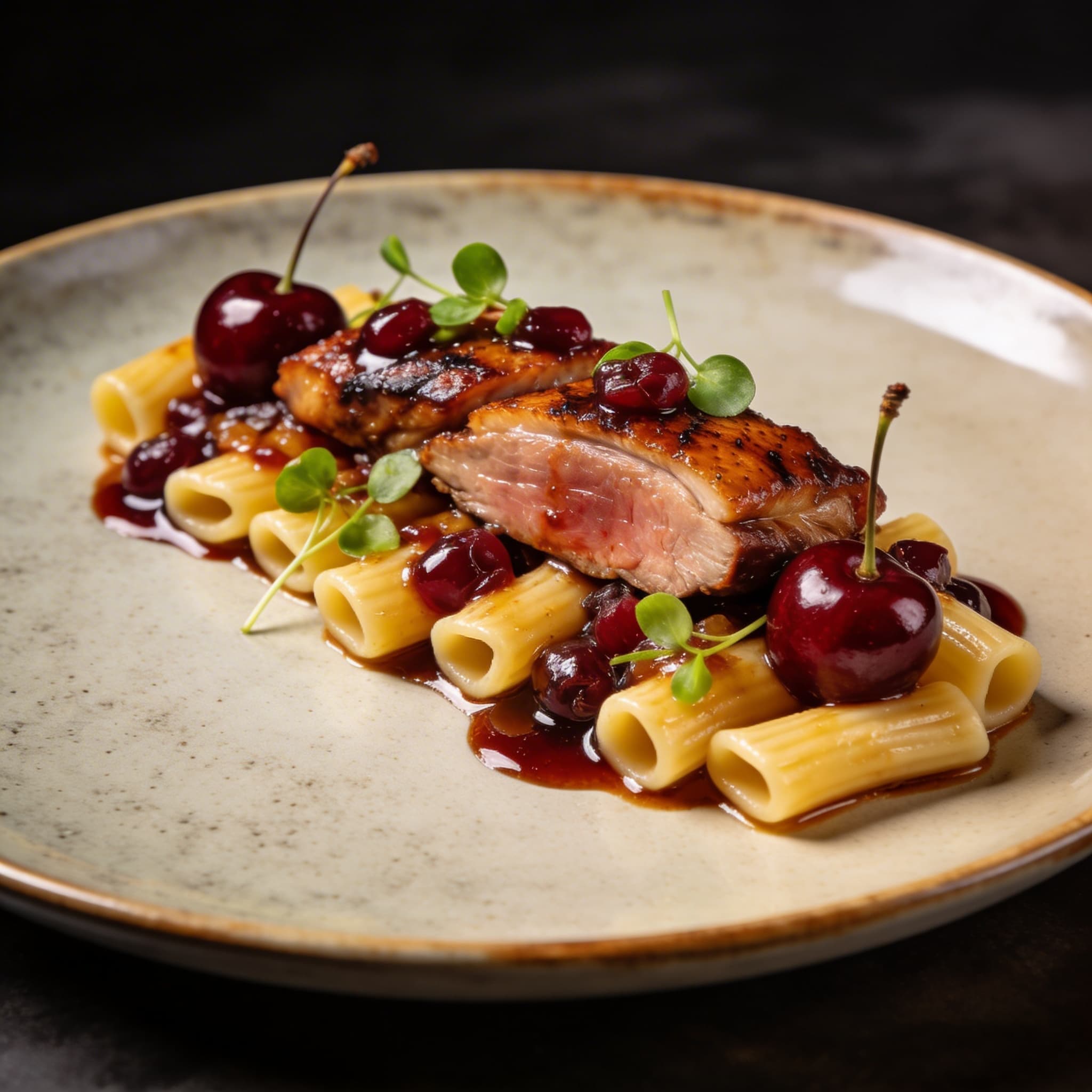 Cherry-Smoked Duck Garganelli with Agrodolce Gastrique