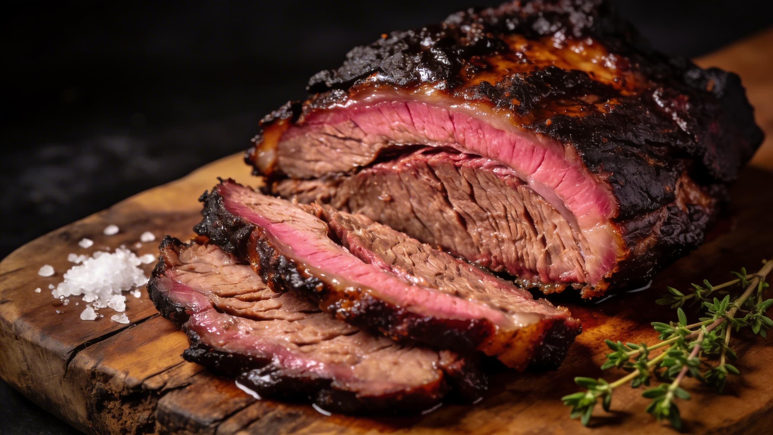 A close-up of a perfectly sliced brisket showing a deep pink smoke ring and a glistening, dark bark.